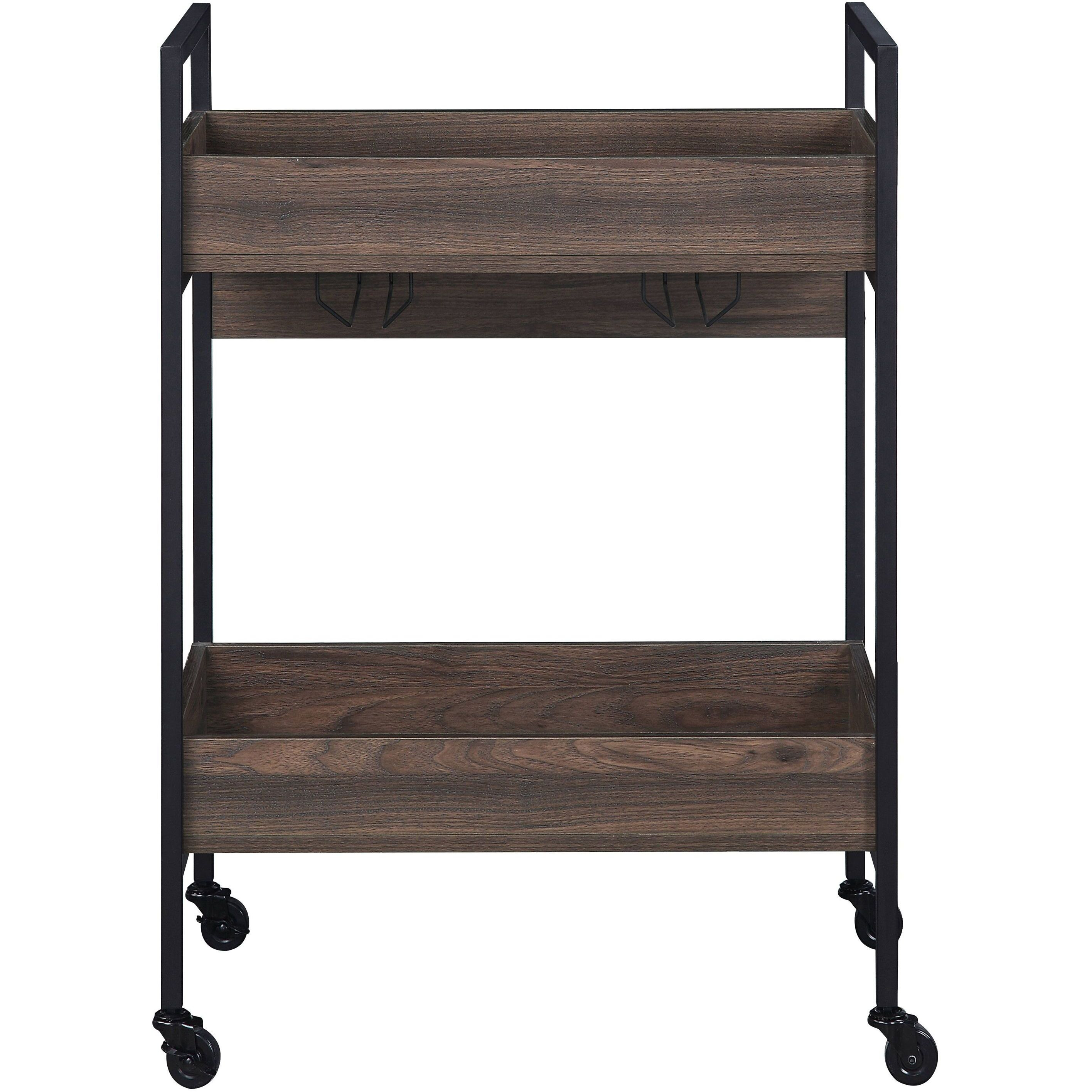 Walnut And Black Serving Cart With 2 Shelves