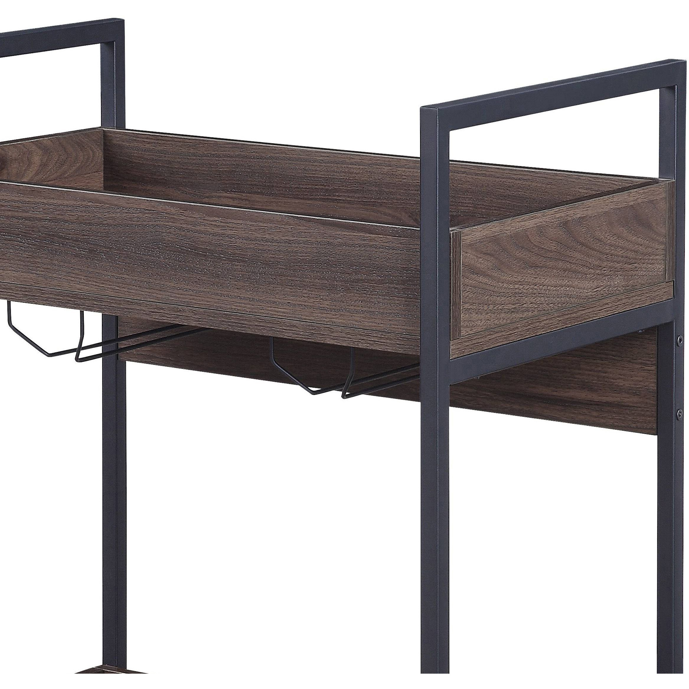 Walnut And Black Serving Cart With 2 Shelves
