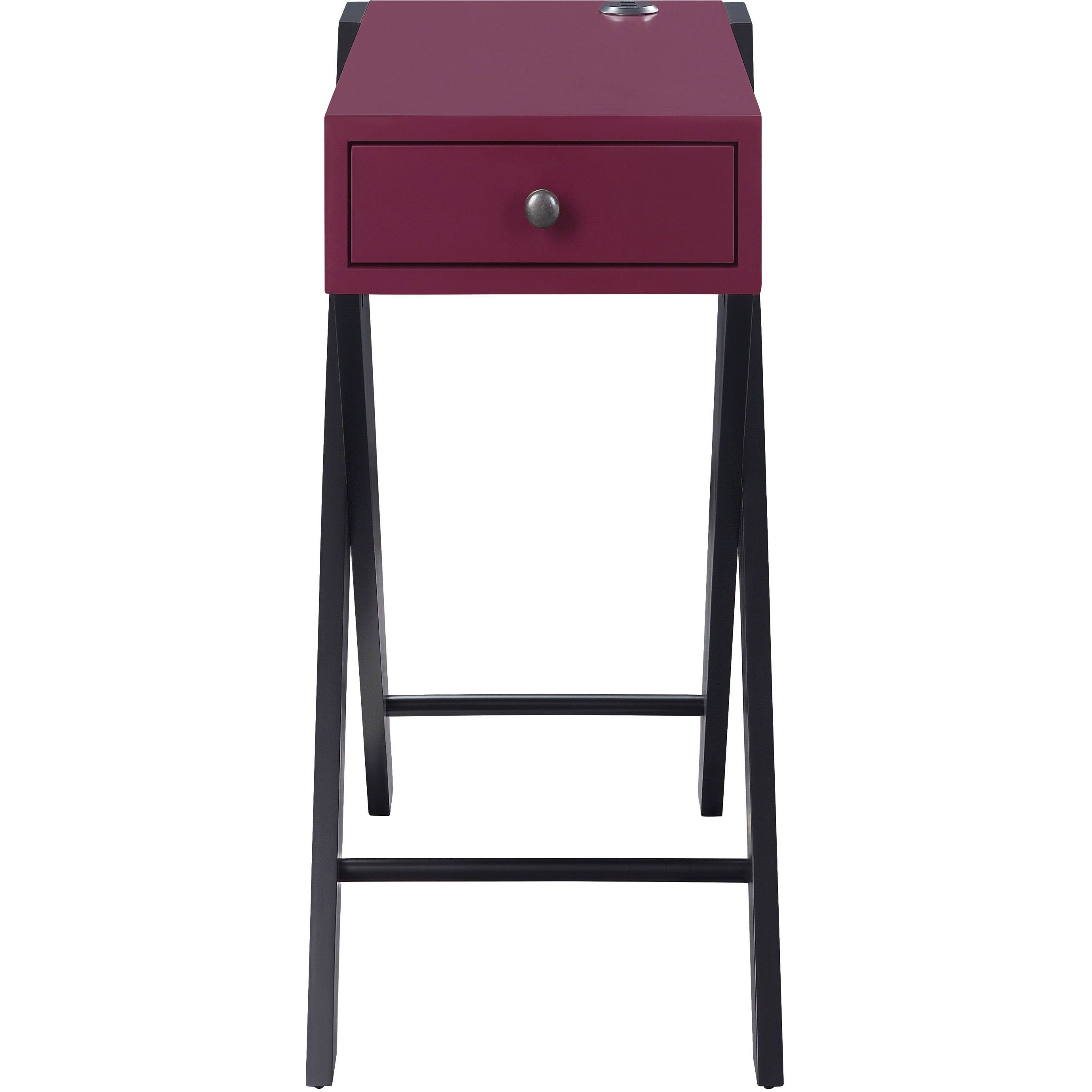 Burgundy And Black Side Table With Usb Ports