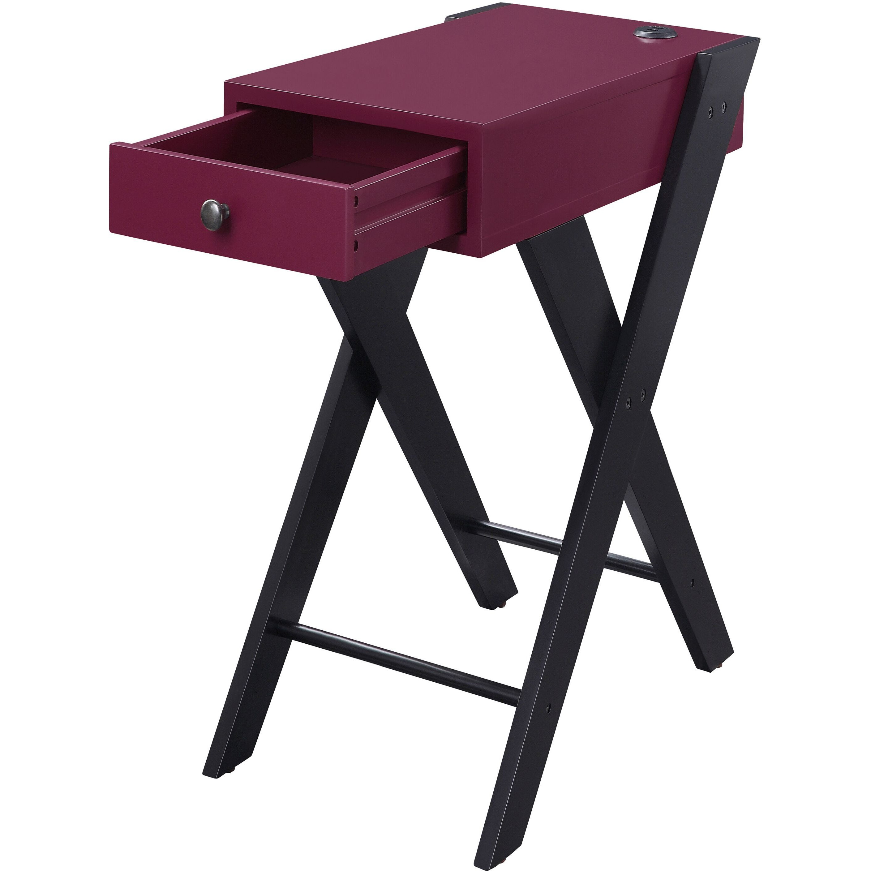 Burgundy And Black Side Table With Usb Ports