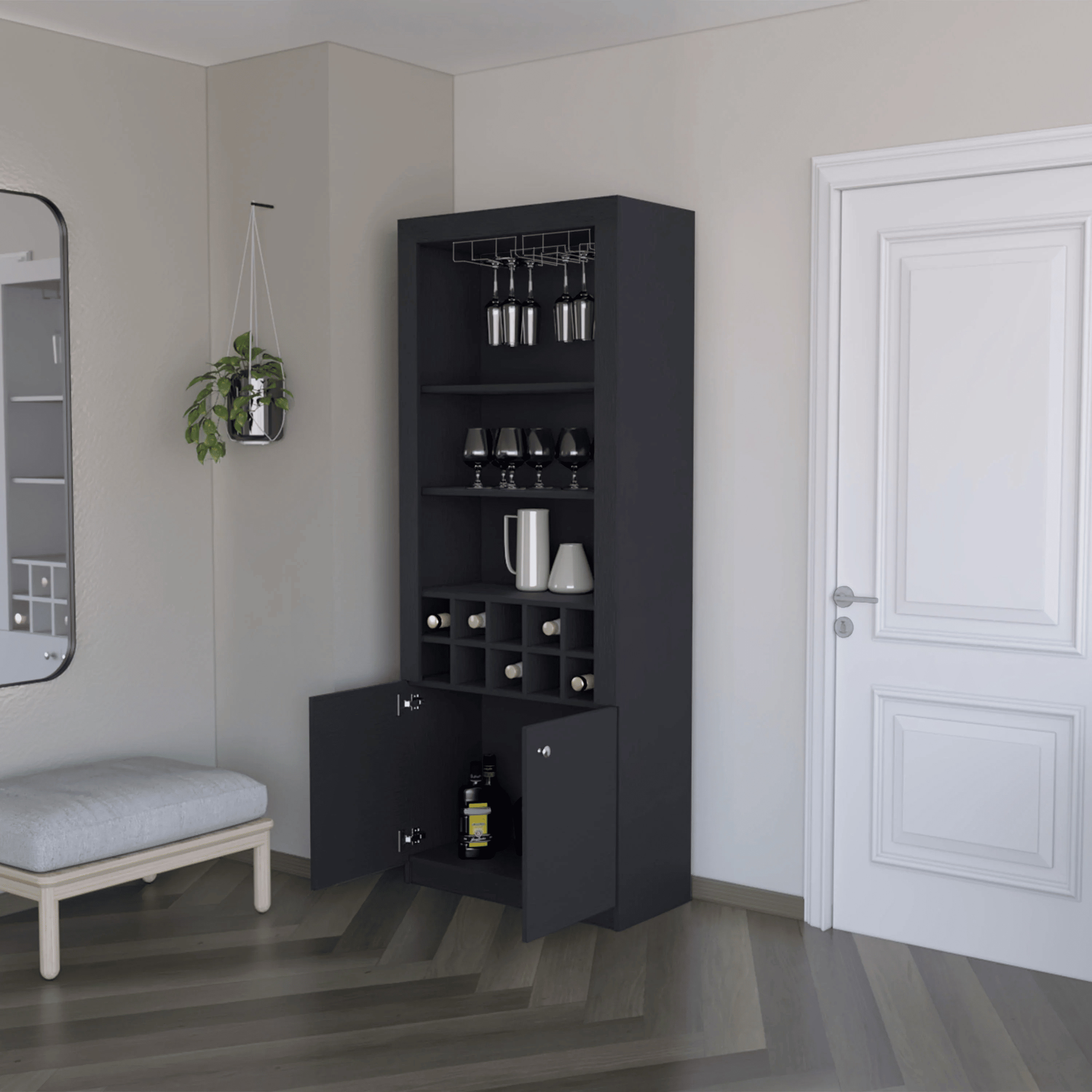 Black Bar Cabinet With Wine Storage And Three Shelves