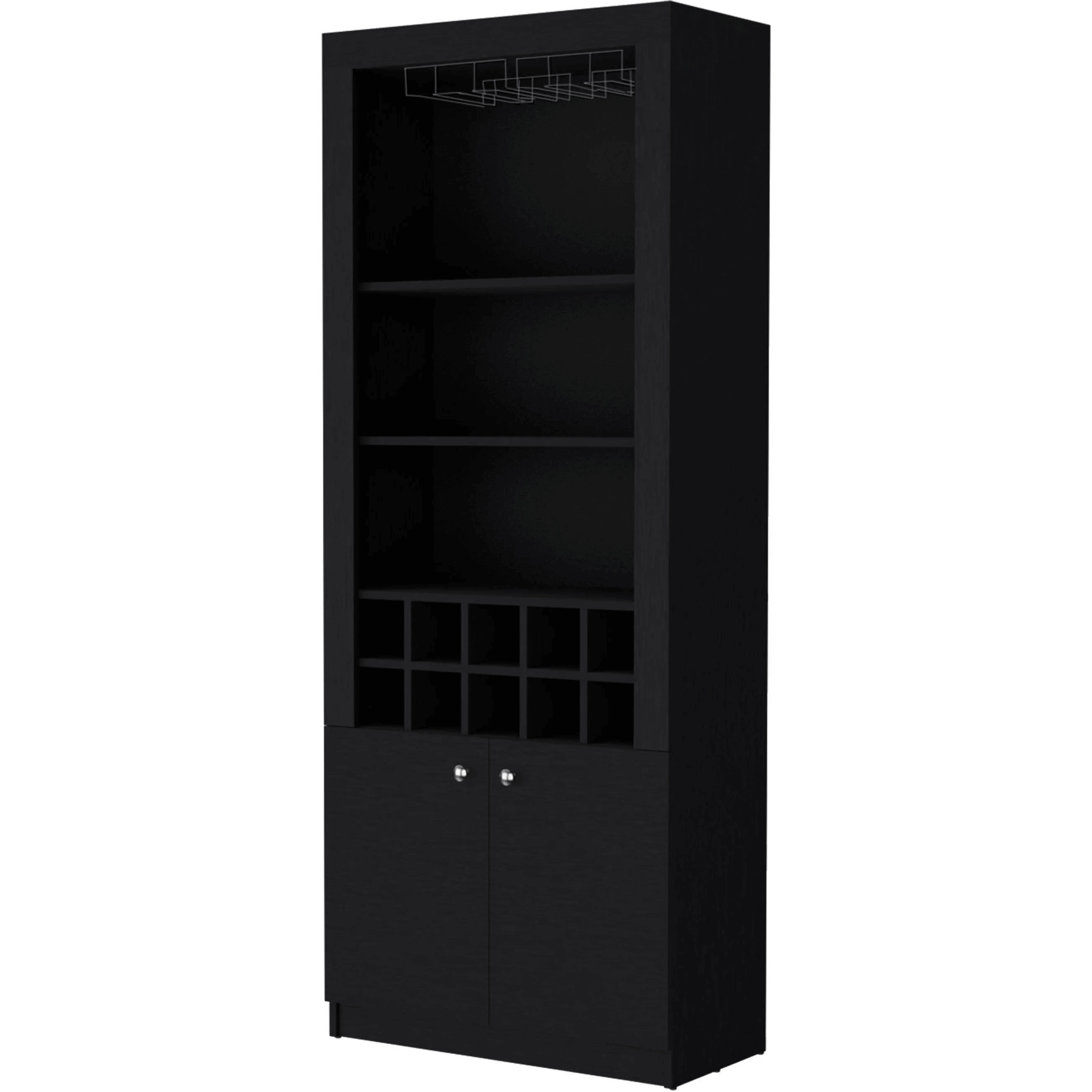 Black Bar Cabinet With Wine Storage And Three Shelves