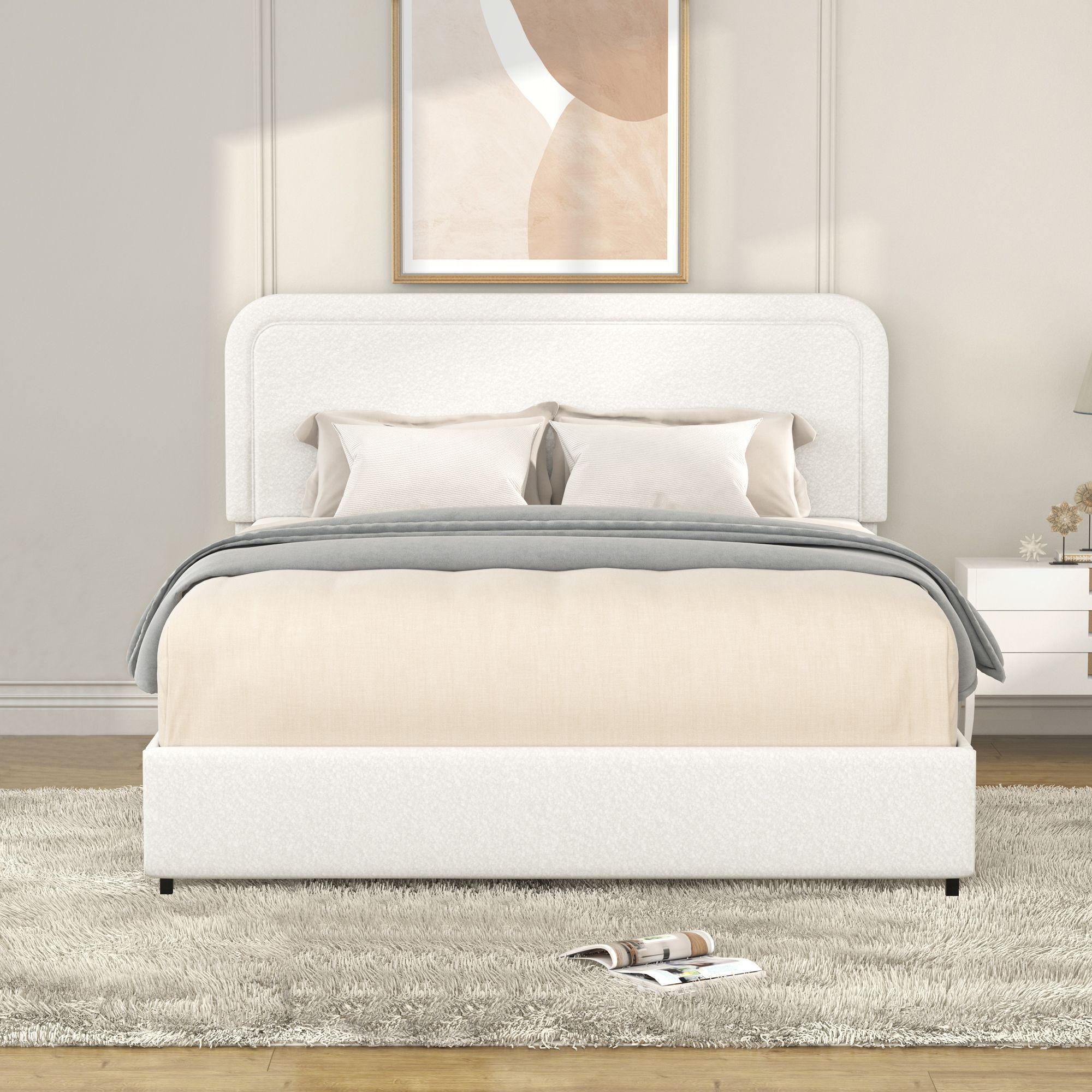 Liv Patented 2-Drawers Storage Bed Queen Size Ivory Boucle Upholstered Platform Bed  Curved Stitched Tufted Headboard  Wooden Slat Mattress Support  No Box Spring Needed