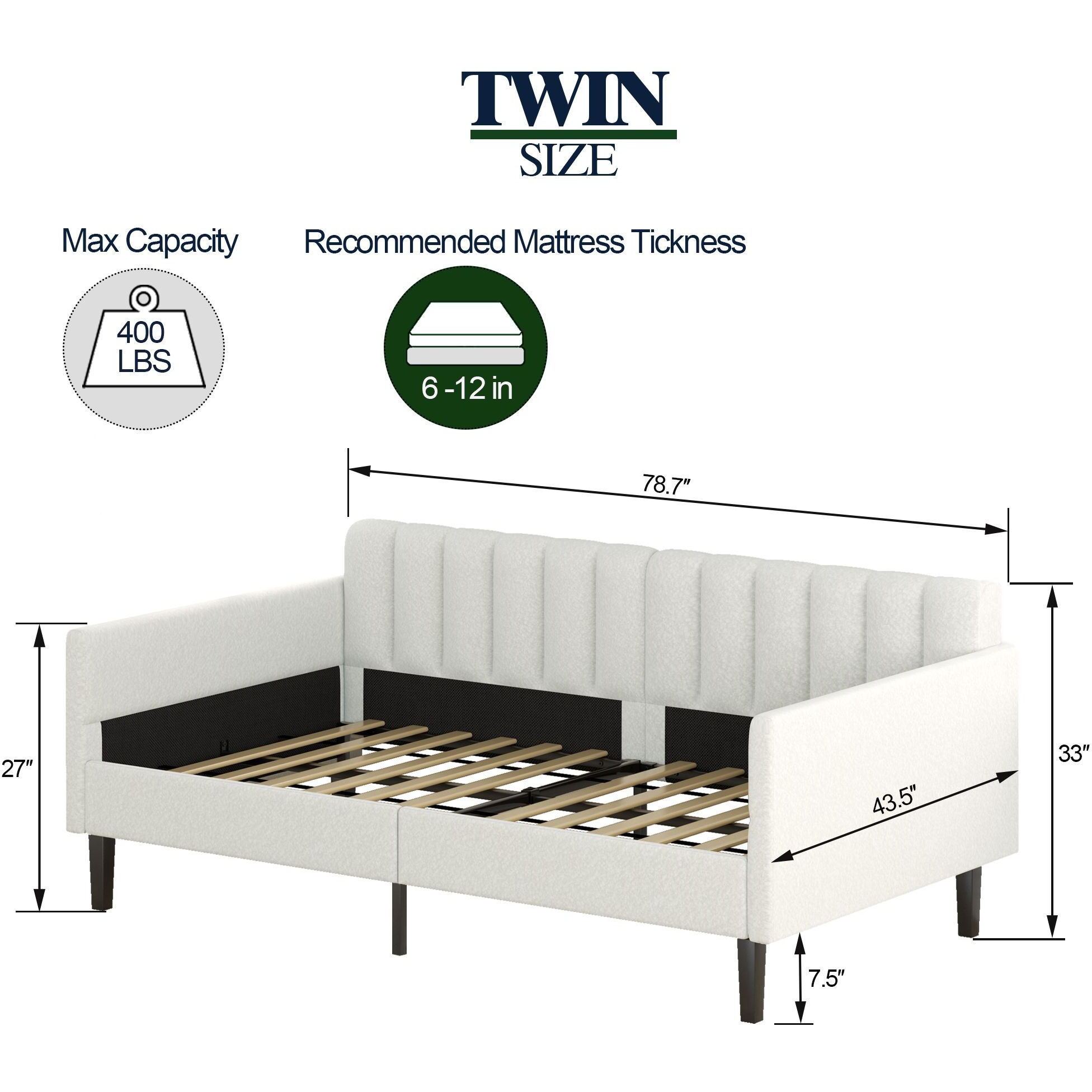 Same As B083121460 Elena Twin Size Ivory Boucle Upholstered Daybed  Ribbed Tufted Backrest  Daybed In Lavish Modern Design  Richly Hued Foam Comfort