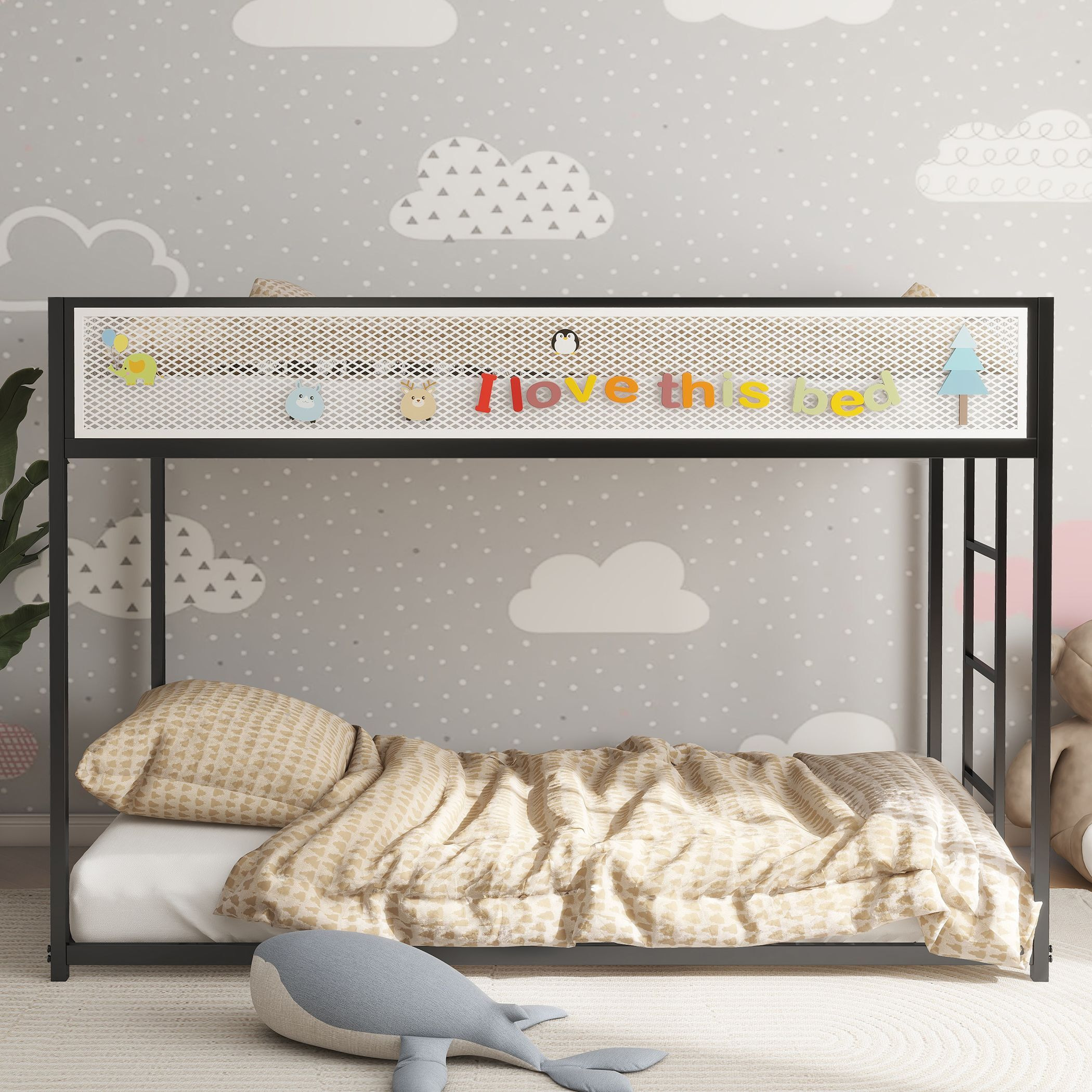 Adam Twin Twin Bunk Black With White Mesh Guard Rail