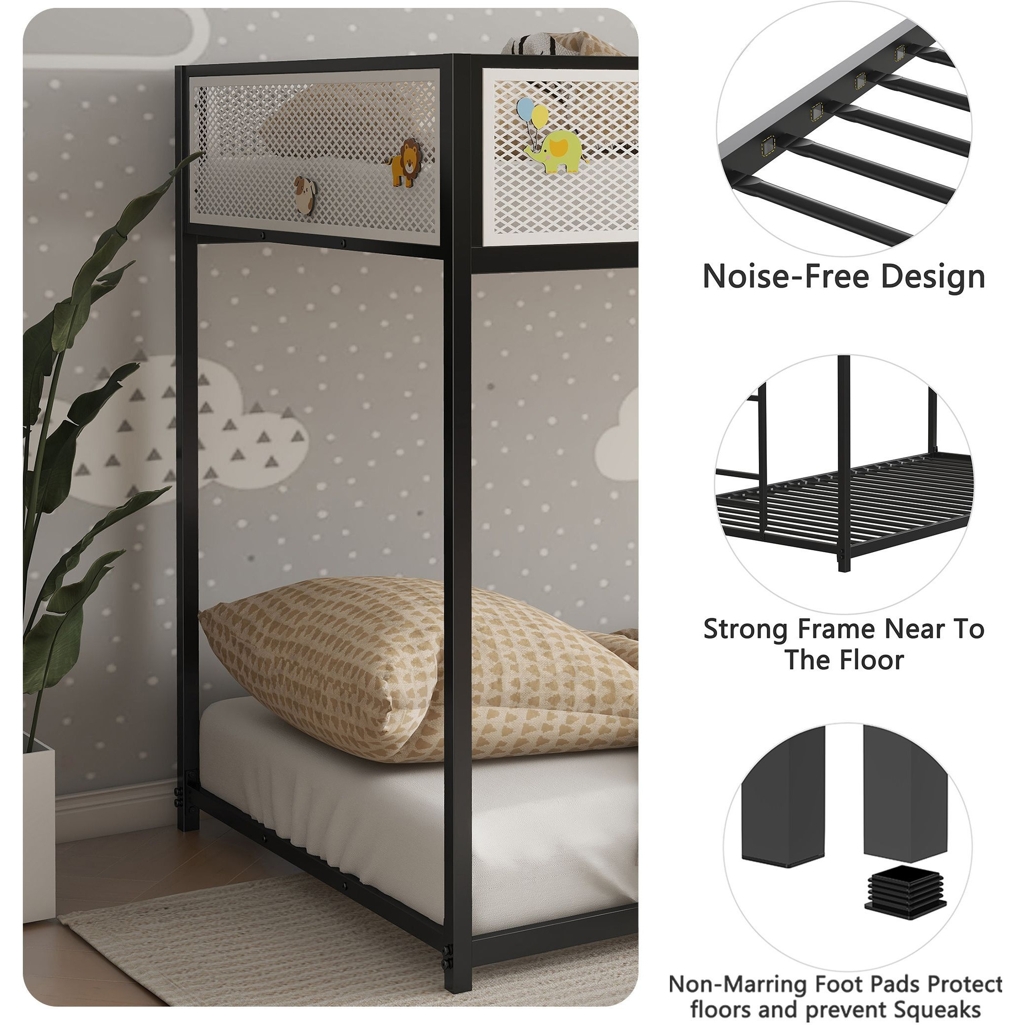 Adam Twin Twin Bunk Black With White Mesh Guard Rail