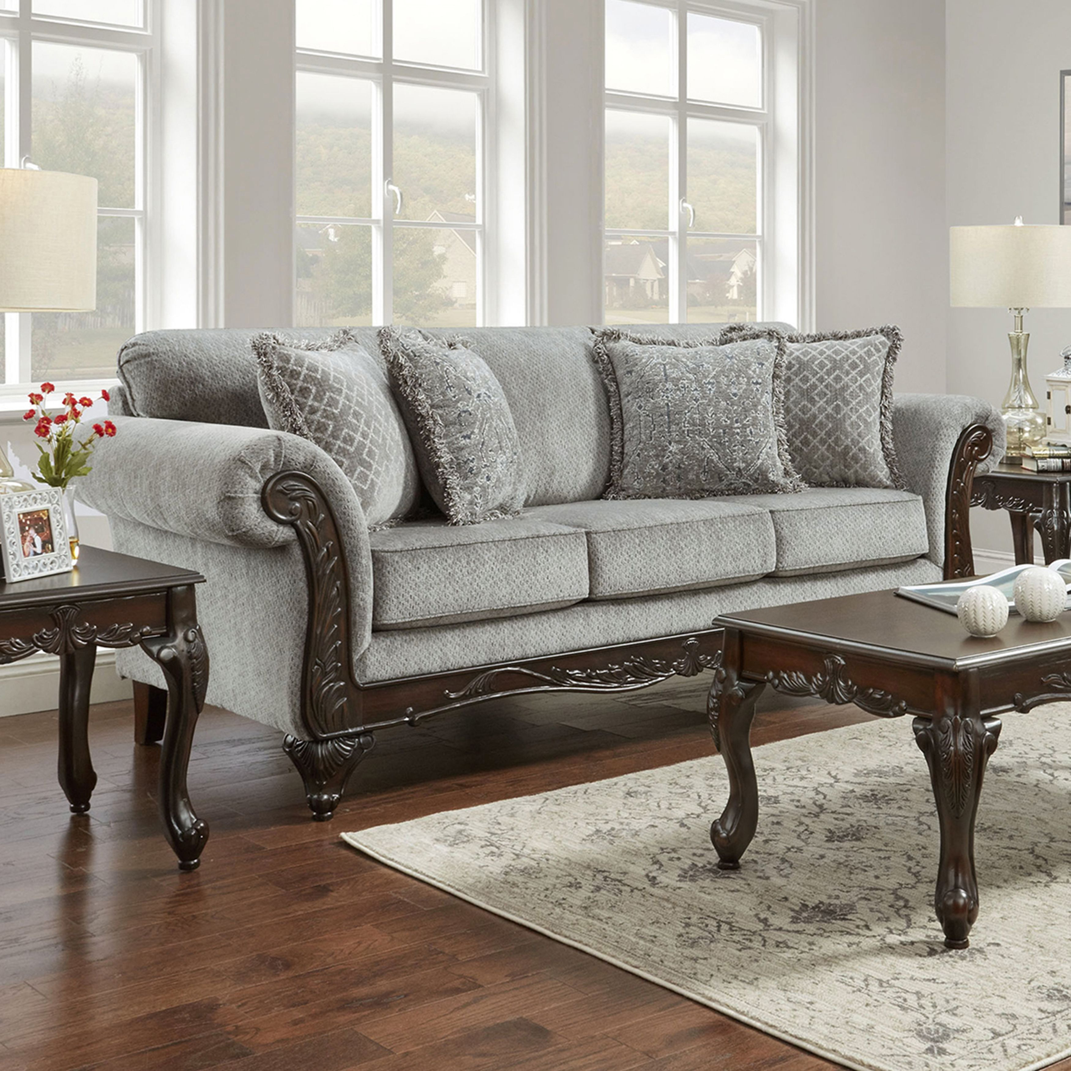 Hernen Carved Wood Frame Gray Sofa And Loveseat Set