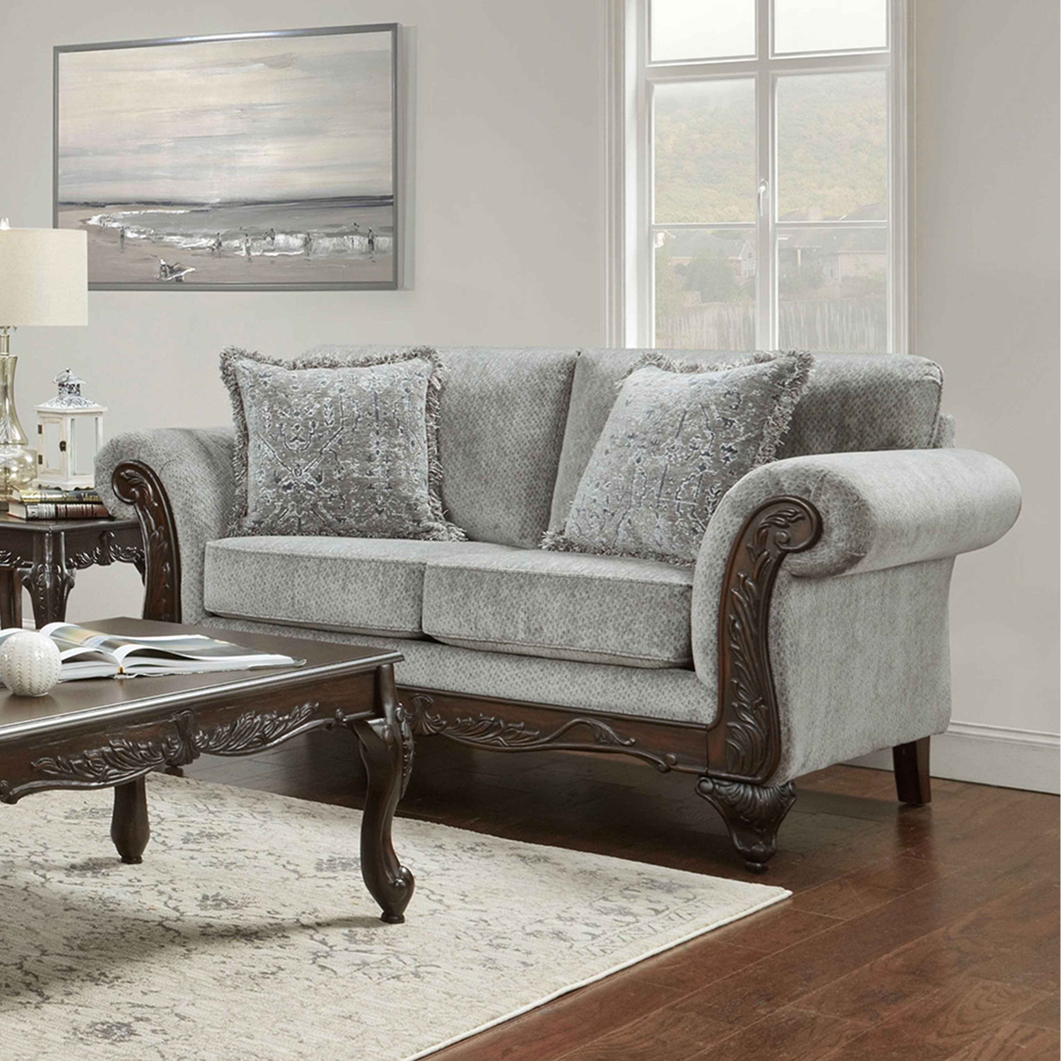 Hernen Carved Wood Frame Gray Sofa And Loveseat Set