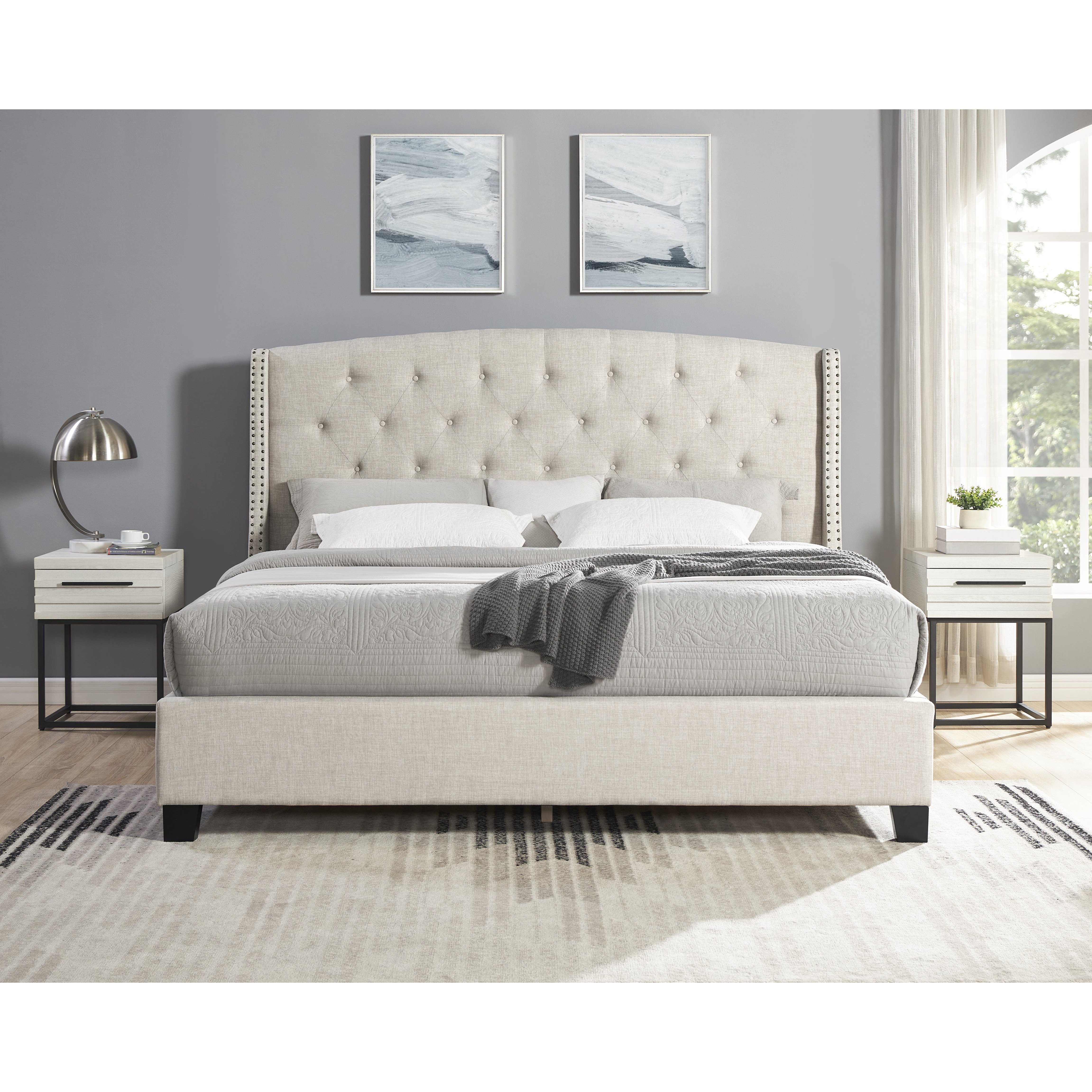 Astral 3-Piece Upholstered Bedroom Set  Tufted Wingback Bed With Two White Nightstands