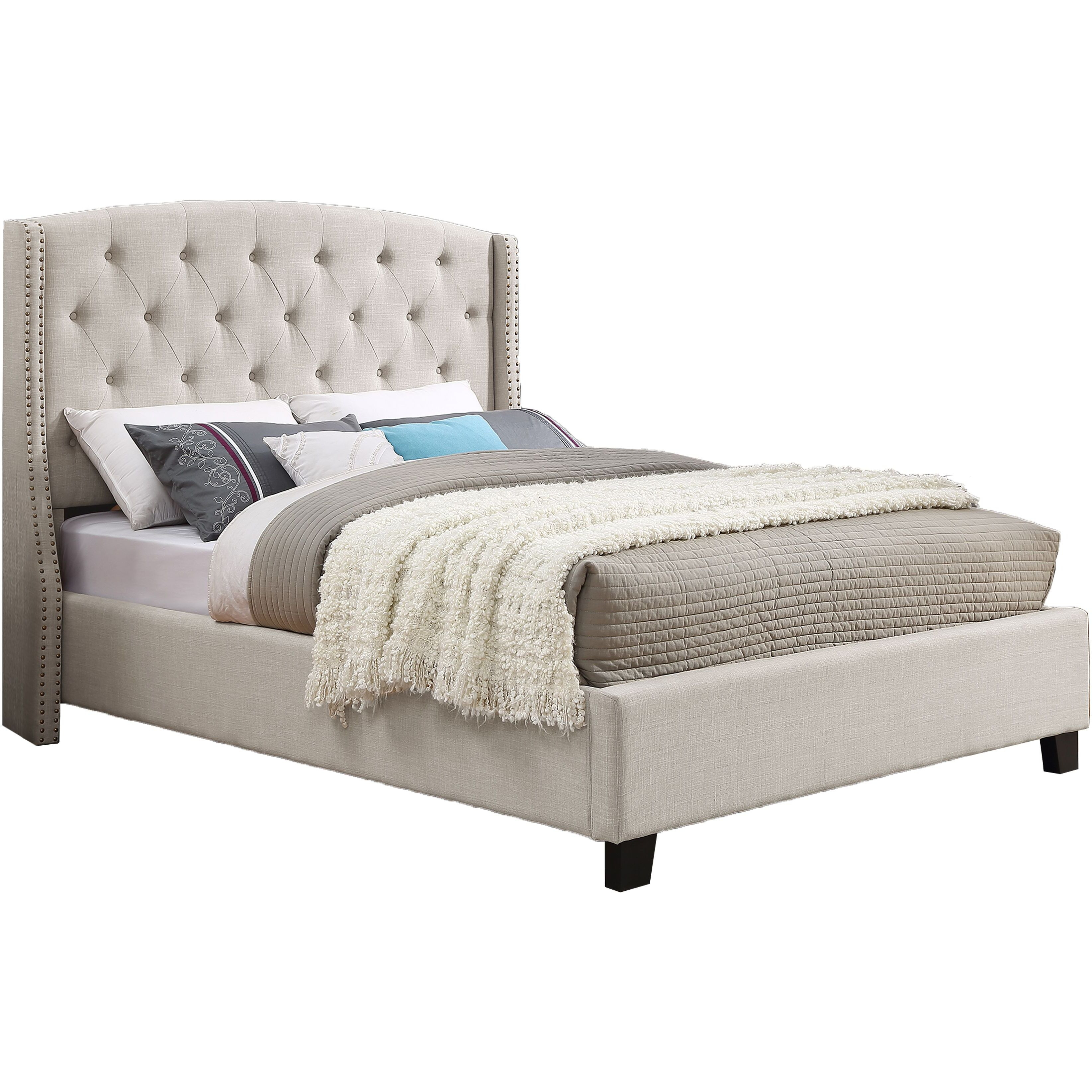 Astral 3-Piece Upholstered Bedroom Set  Tufted Wingback Bed With Two White Nightstands