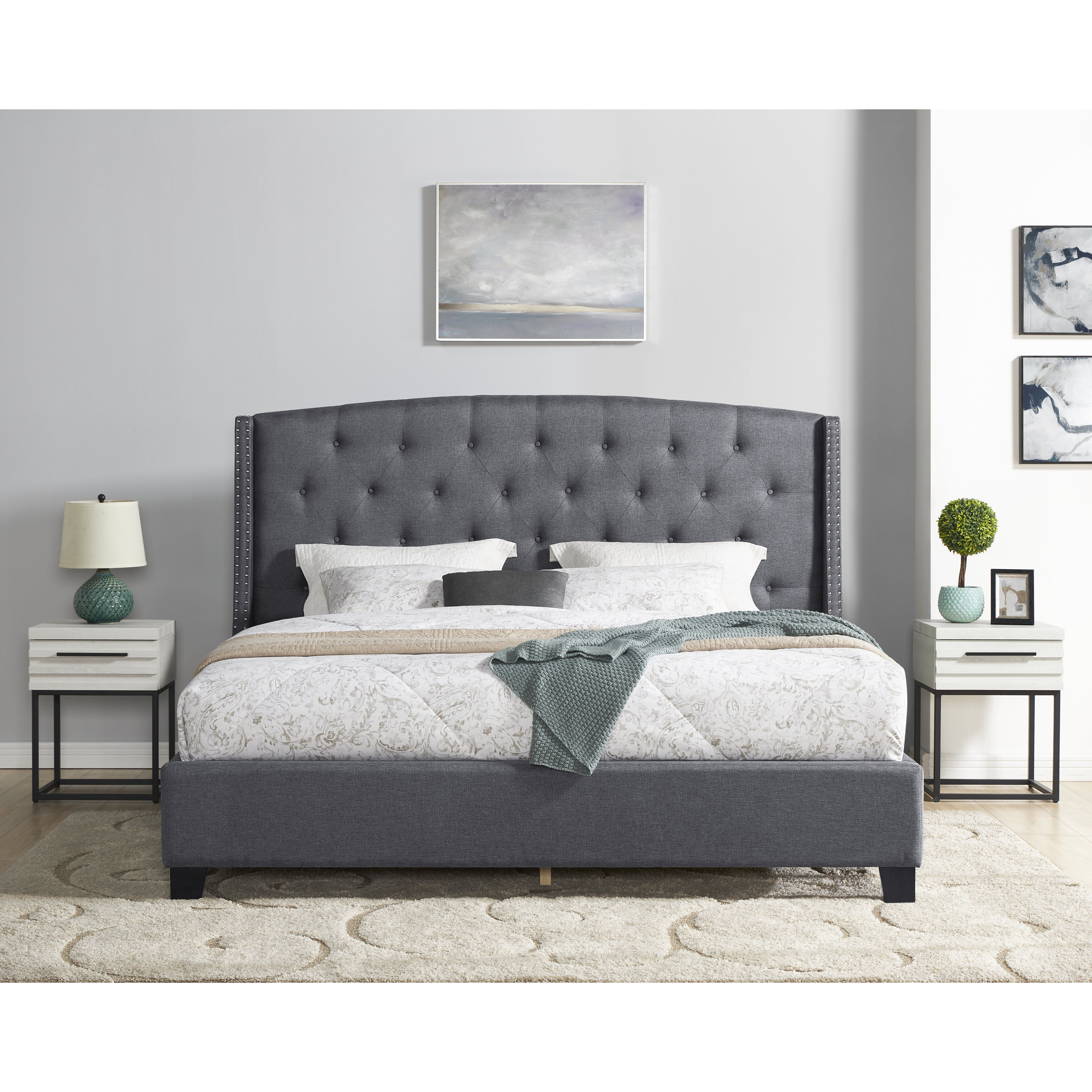 Belize 3-Piece Upholstered Bedroom Set  Tufted Wingback Bed With Two White Nightstands