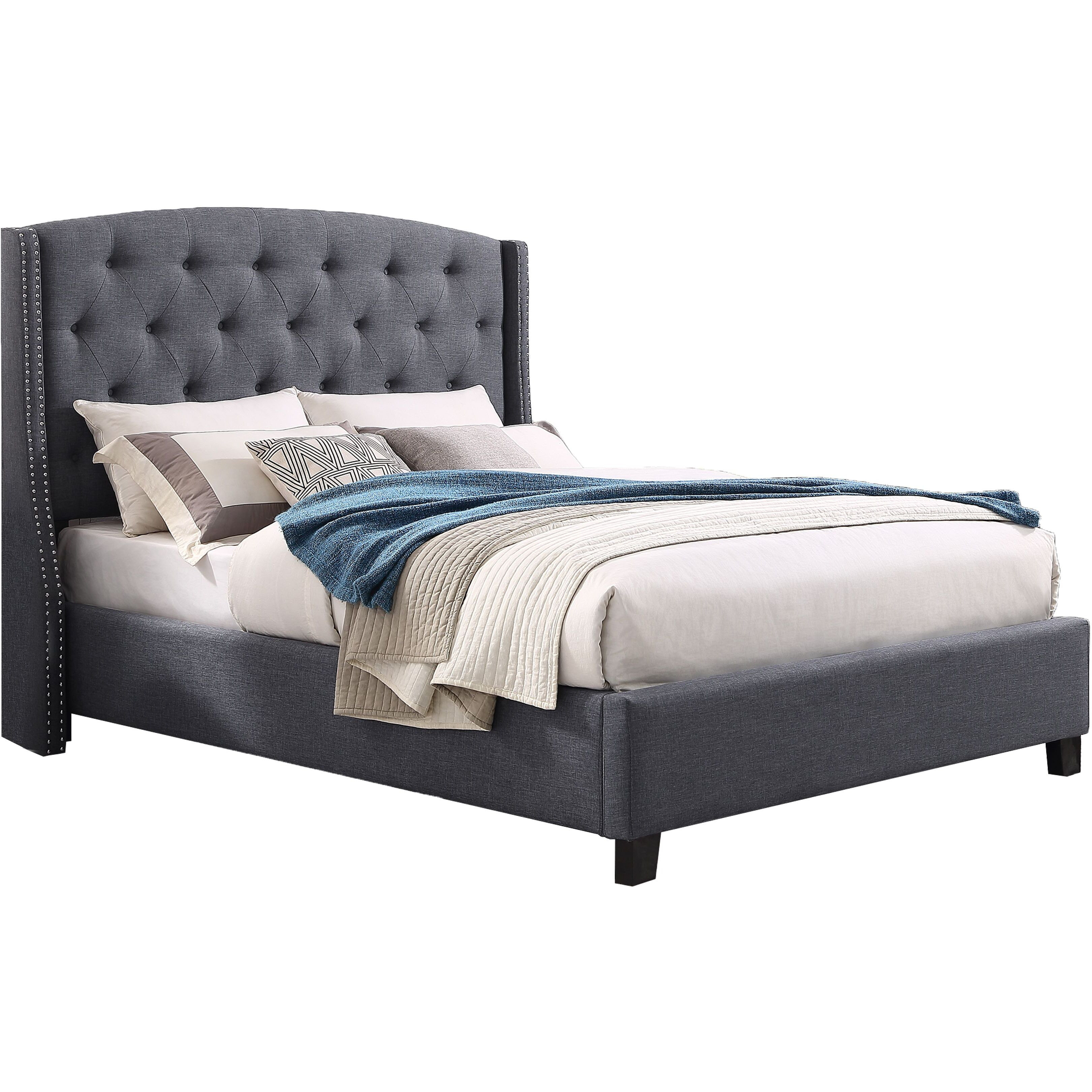 Belize 3-Piece Upholstered Bedroom Set  Tufted Wingback Bed With Two White Nightstands