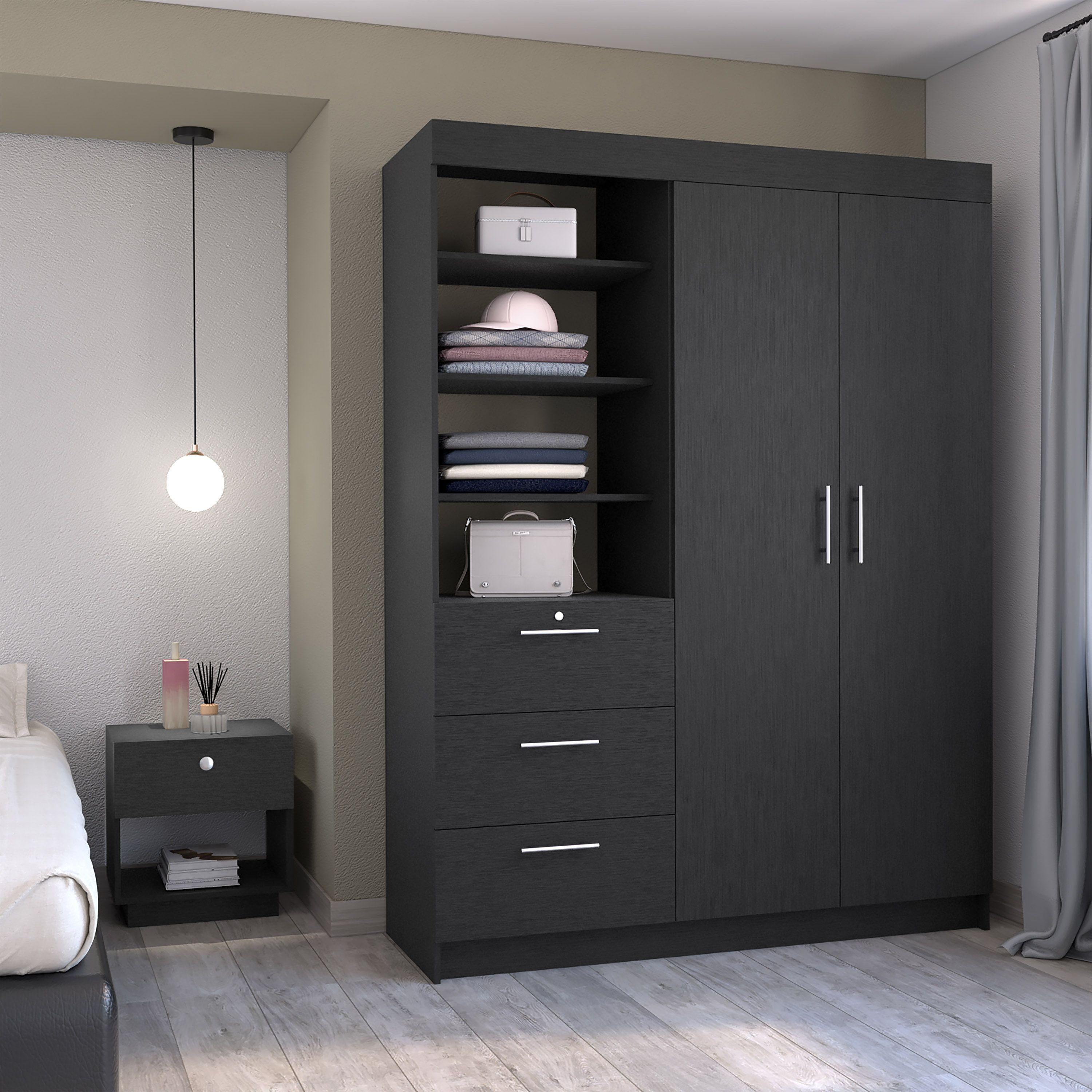 Peyton 2 Piece Bedroom Set  Armoire + Nightstand  Black