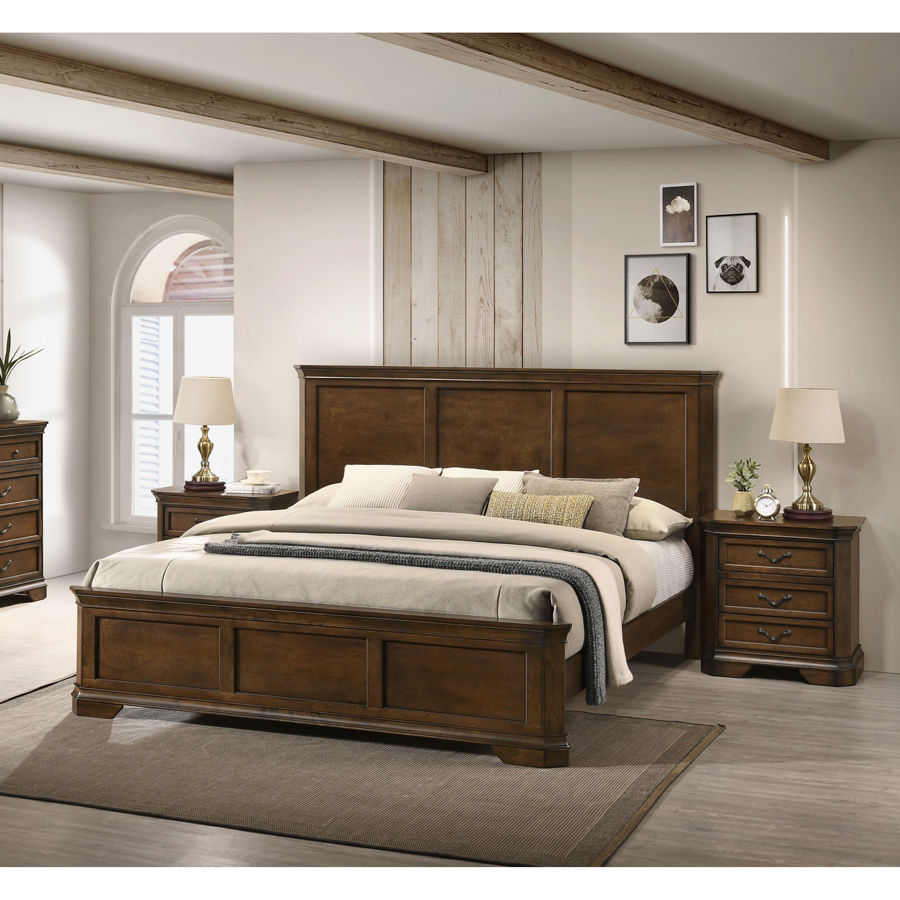 Maderne Traditional 3-Piece Wood Bedroom Set With Queen Size Panel Bed And Two Nightstands