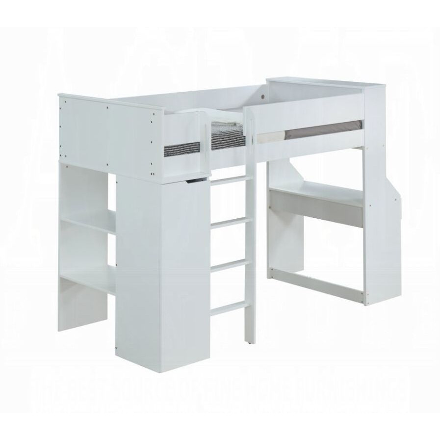 White Twin Loft Bed With Desk And Wardrobe