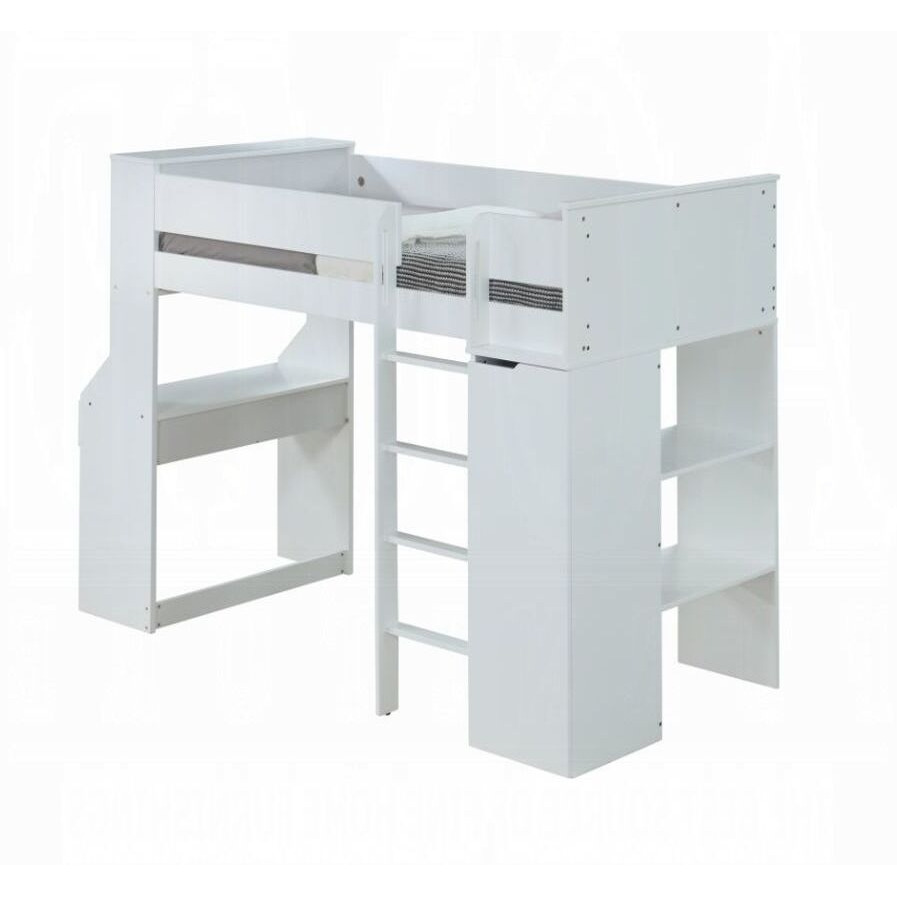 White Twin Loft Bed With Desk And Wardrobe