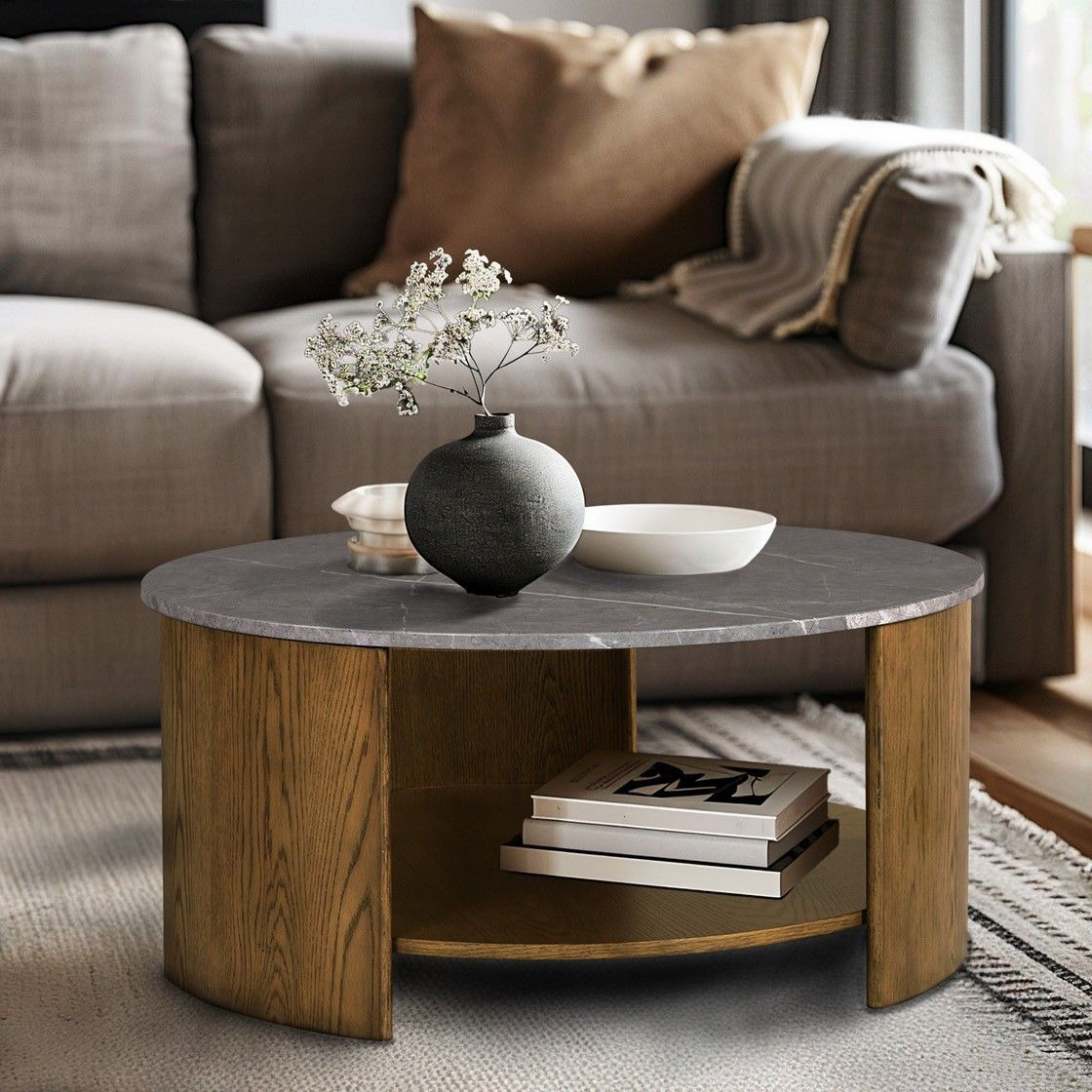 Round Mixed Material Coffee Table With Shelf