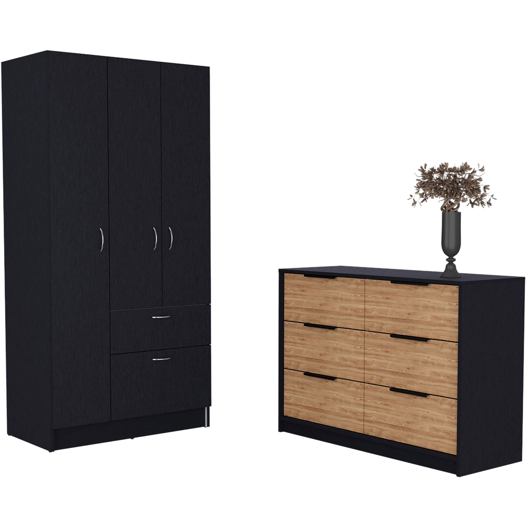 Capwell 2-Piece Bedroom Set  Armoire And Dresser  Black And Pine