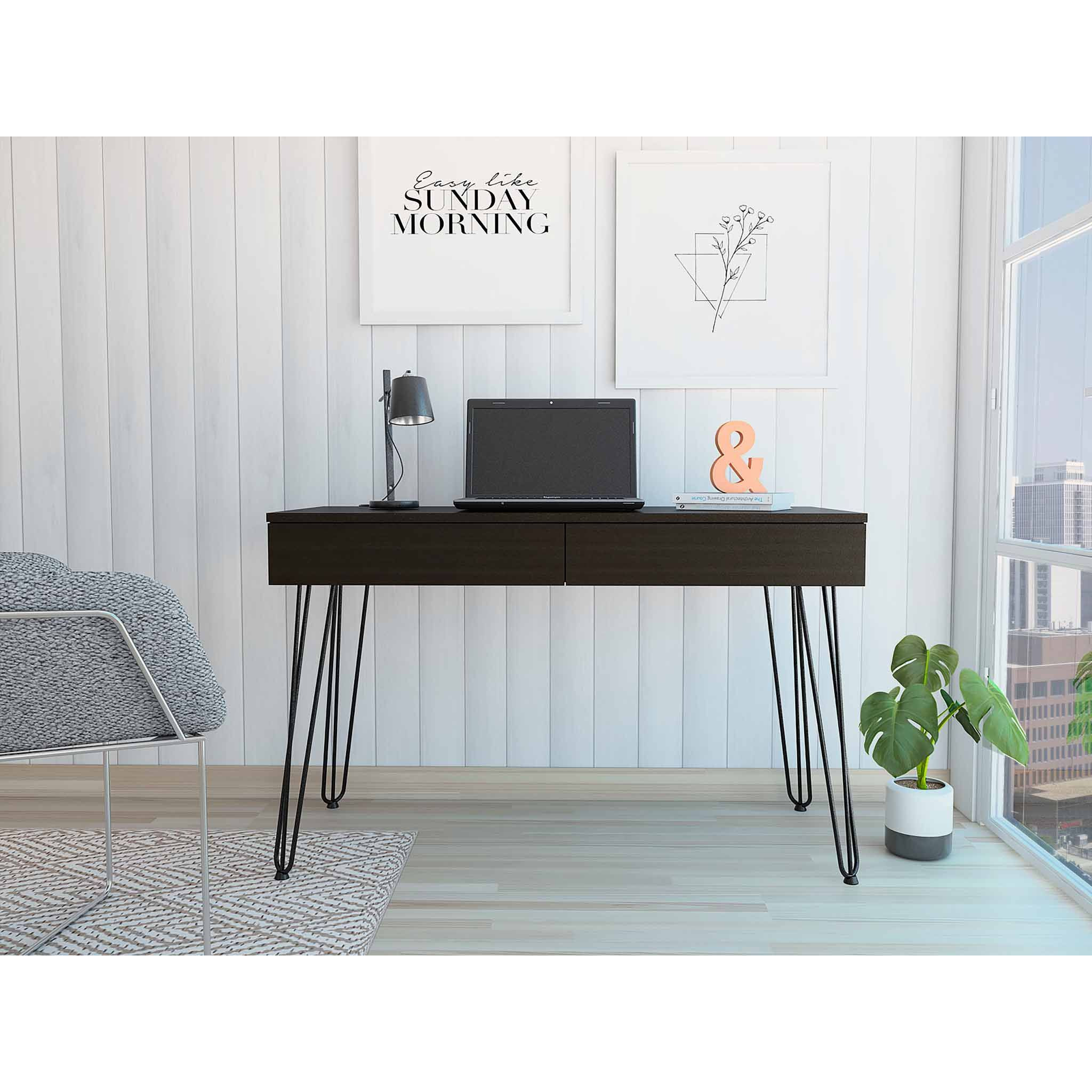 Black 2-Drawer Writing Desk With Hairpin Legs