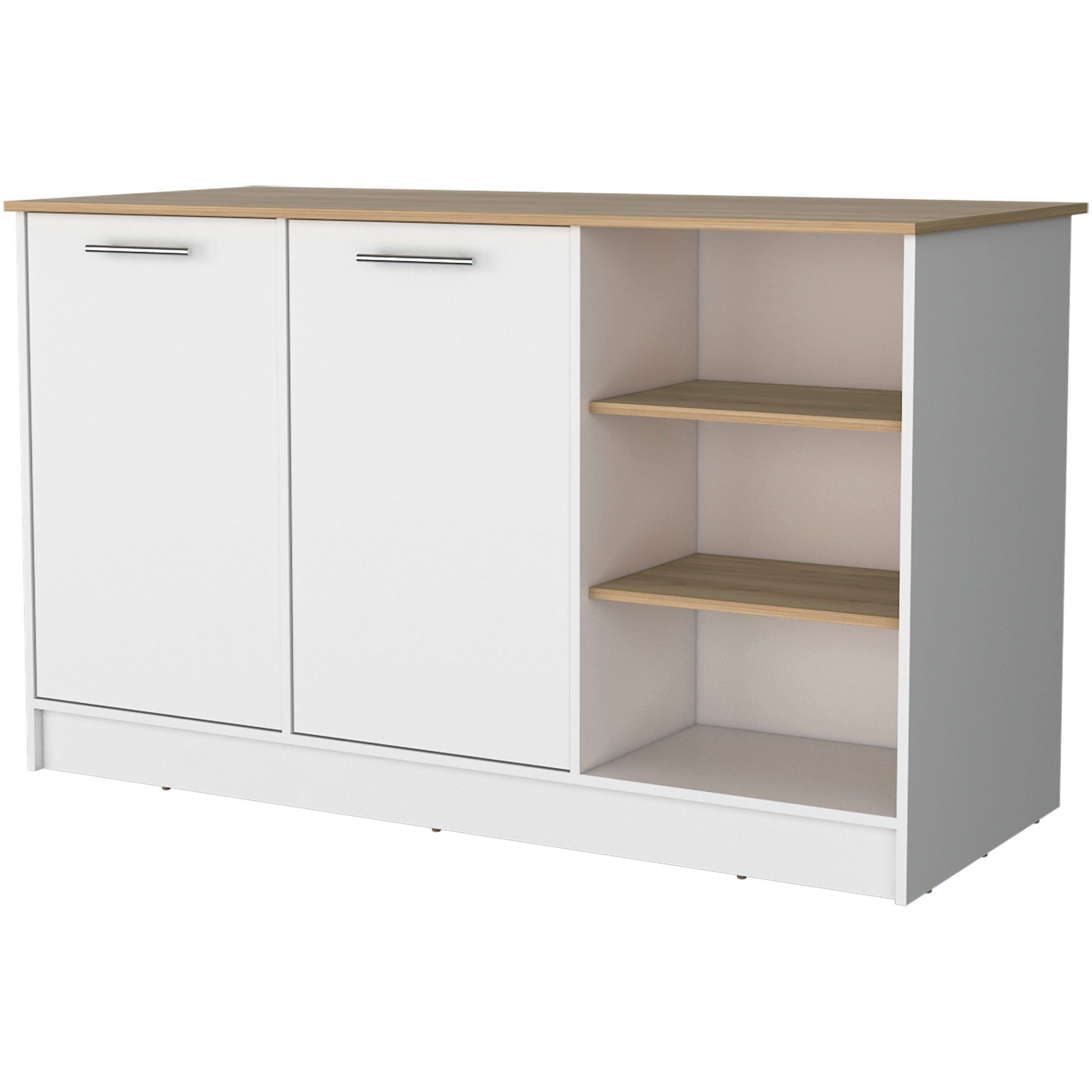 White And Ash 2-Door Kitchen Island With 3 Open Shelves