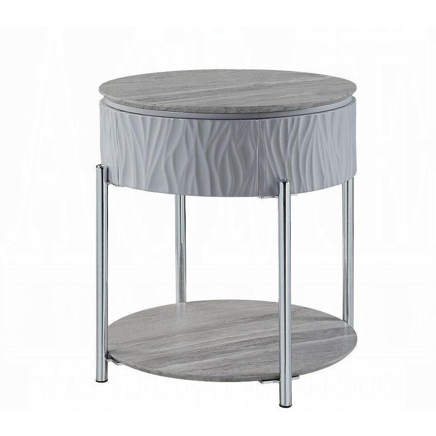 Grey High Gloss And Chrome End Table With Drawer