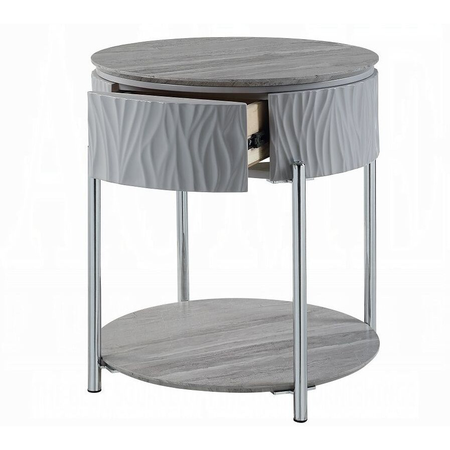 Grey High Gloss And Chrome End Table With Drawer