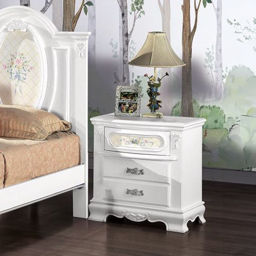 White 2-Drawer Nightstand With Floral Motifs