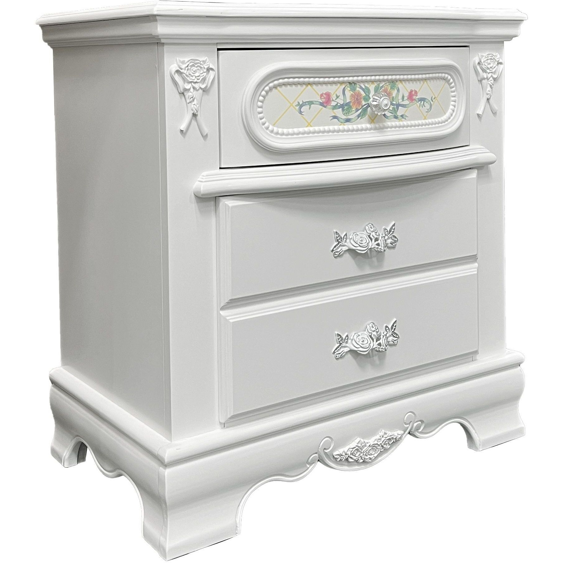 White 2-Drawer Nightstand With Floral Motifs