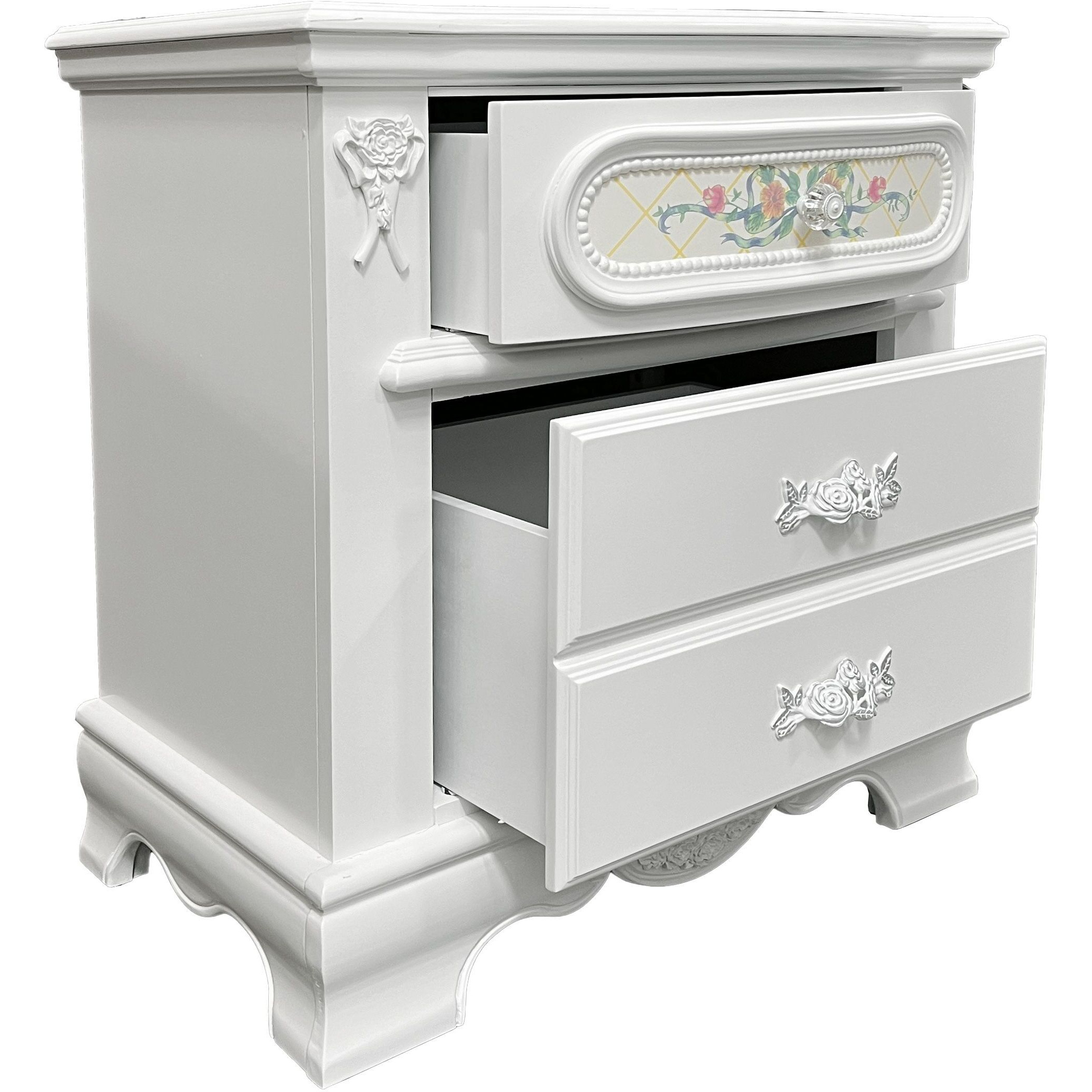 White 2-Drawer Nightstand With Floral Motifs