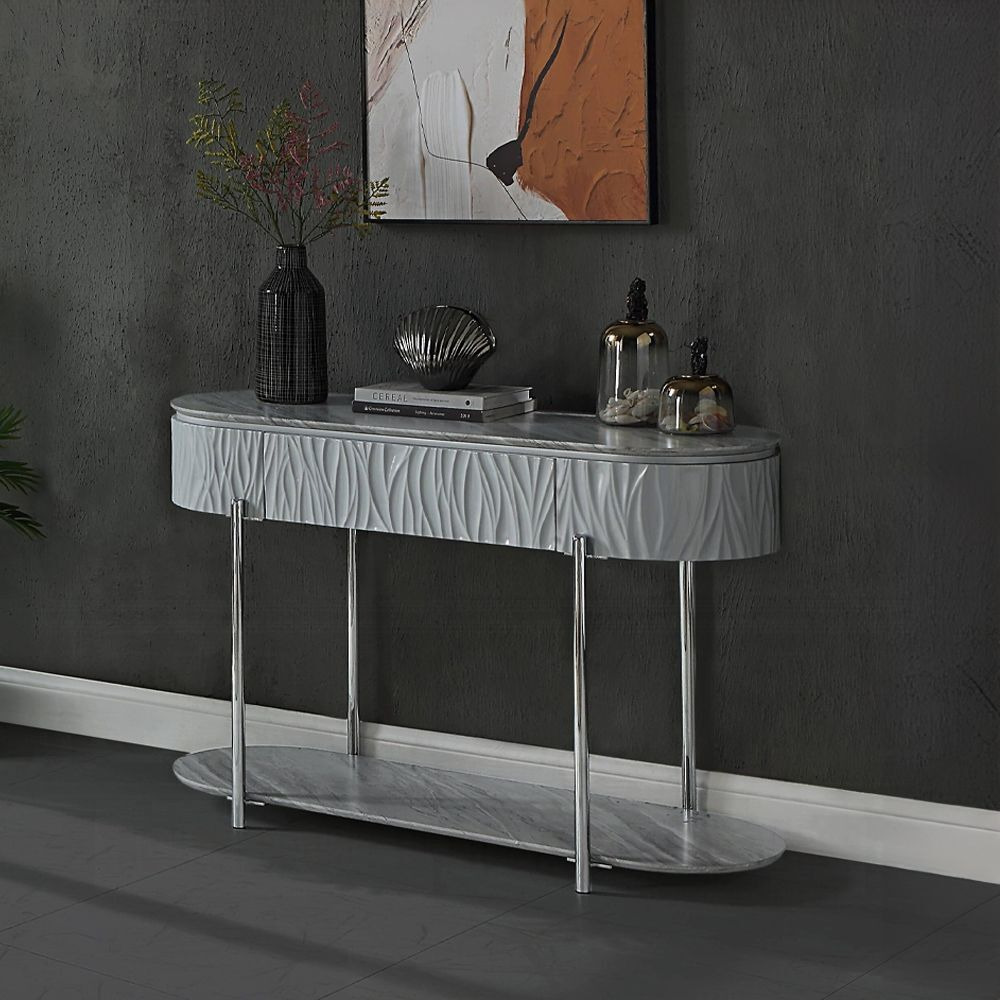 Grey High Gloss And Chrome Sofa Table With Bottom Shelf