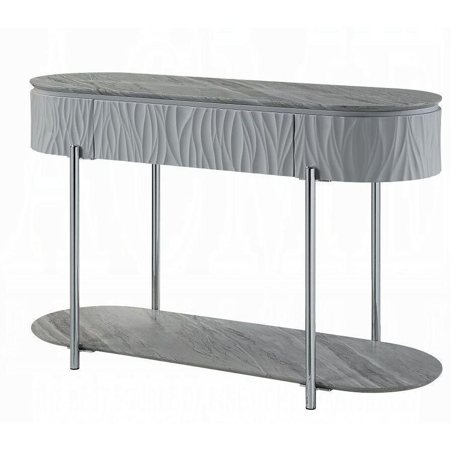 Grey High Gloss And Chrome Sofa Table With Bottom Shelf