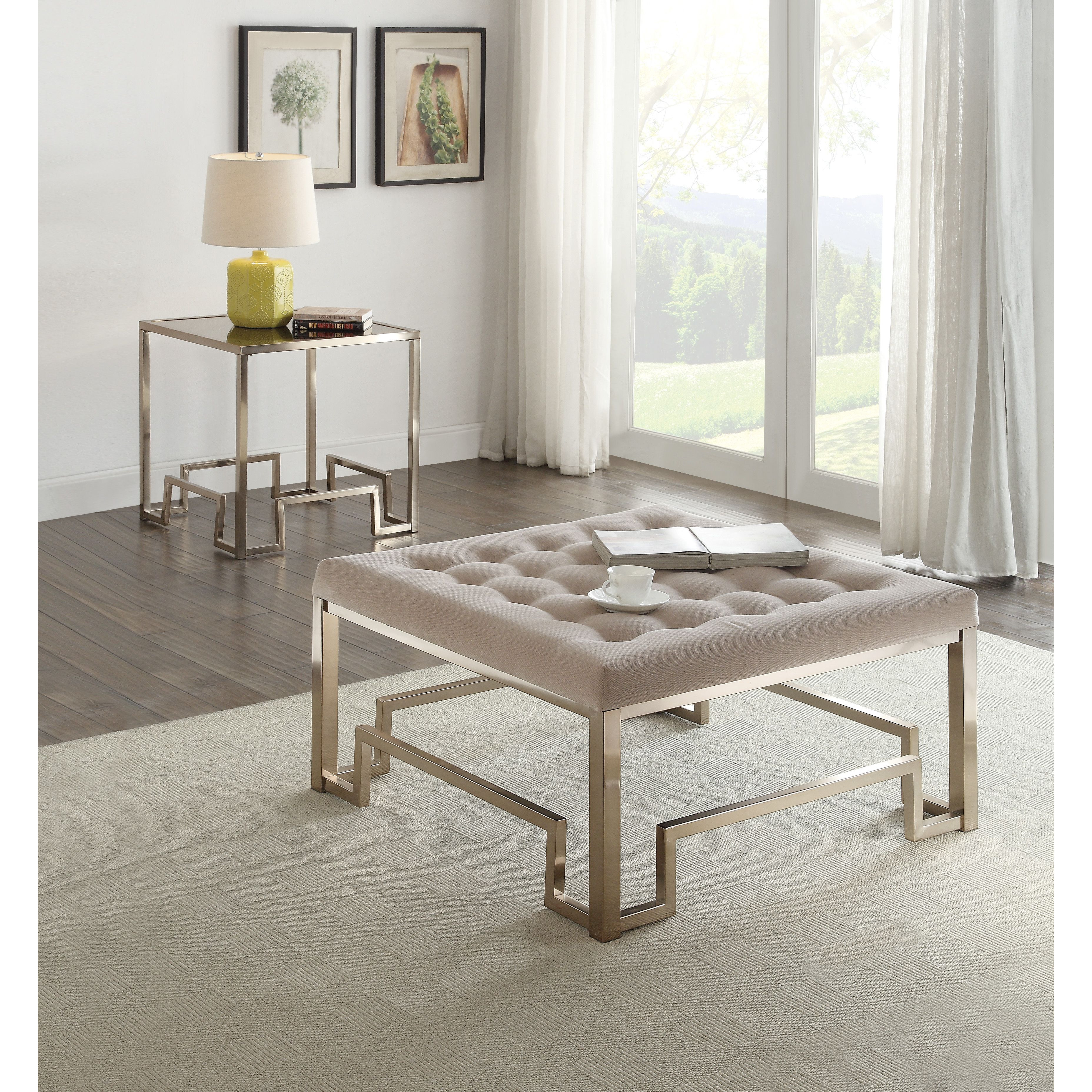 Beige And Champagne Cocktail Tufted Ottoman