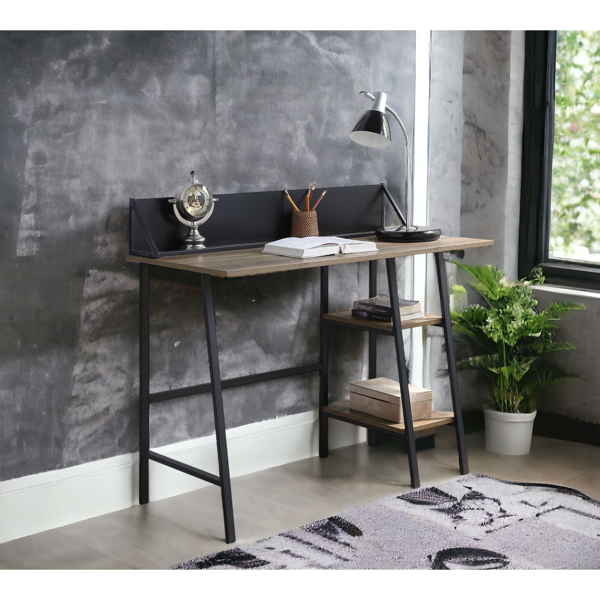 Rustic Oak And Black 2-Shelf Writing Desk With H-Shaped Base