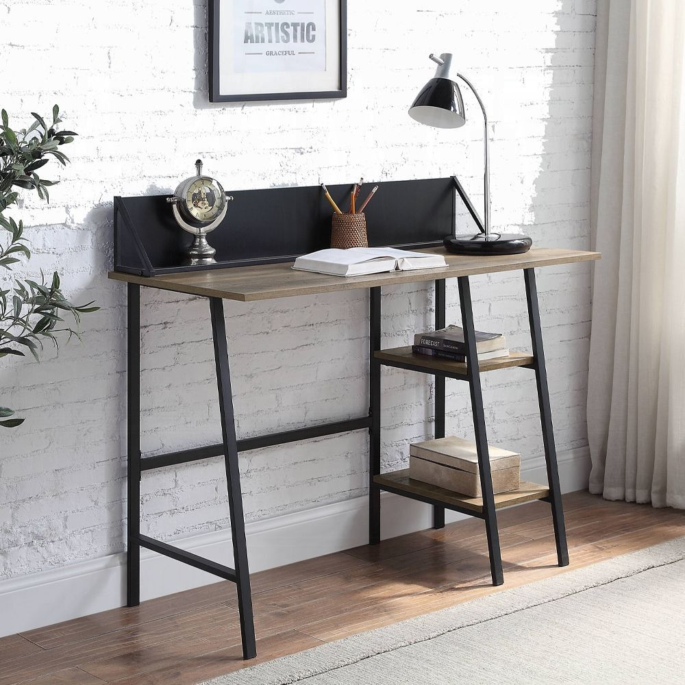 Rustic Oak And Black 2-Shelf Writing Desk With H-Shaped Base