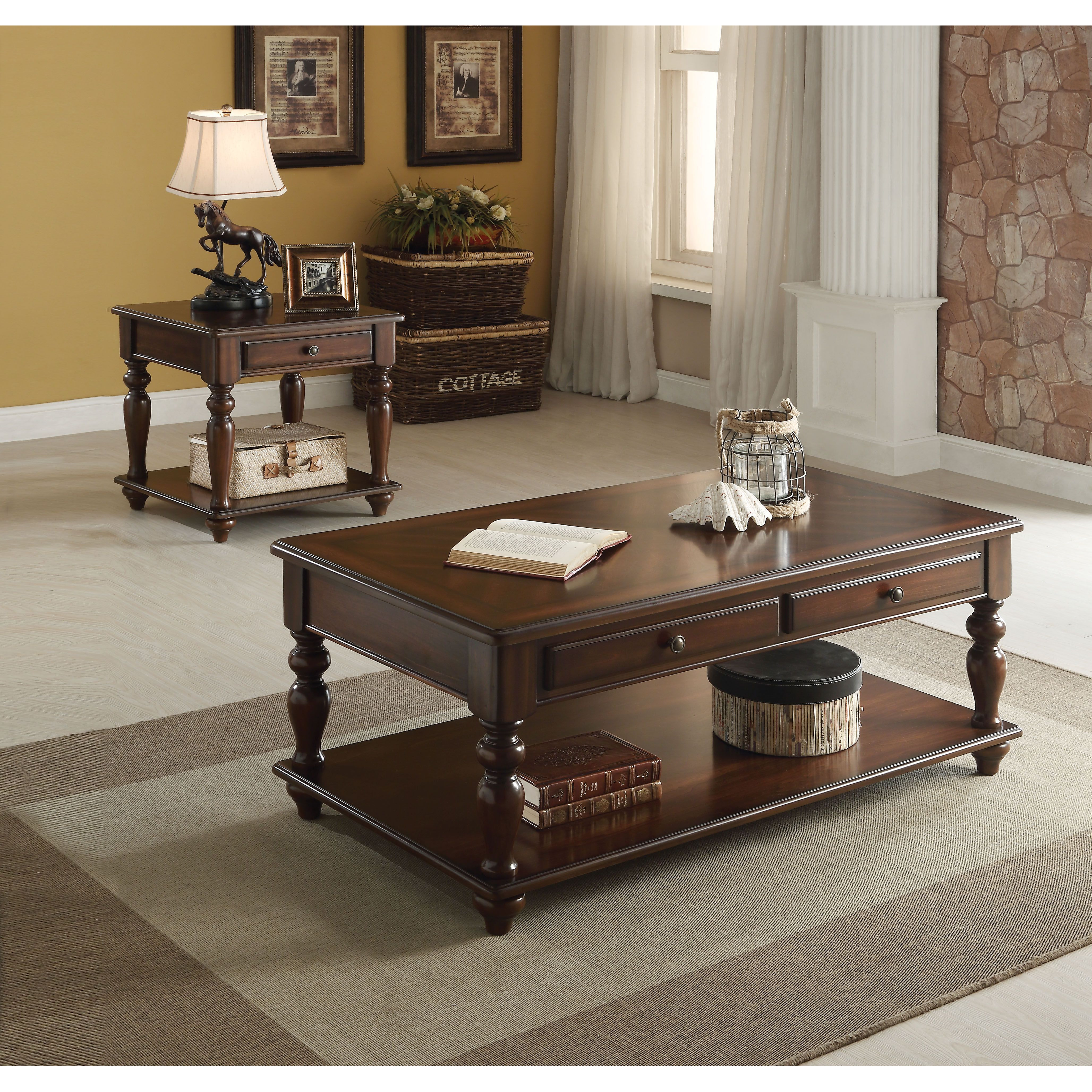 Walnut 1-Drawer End Table With Shelf