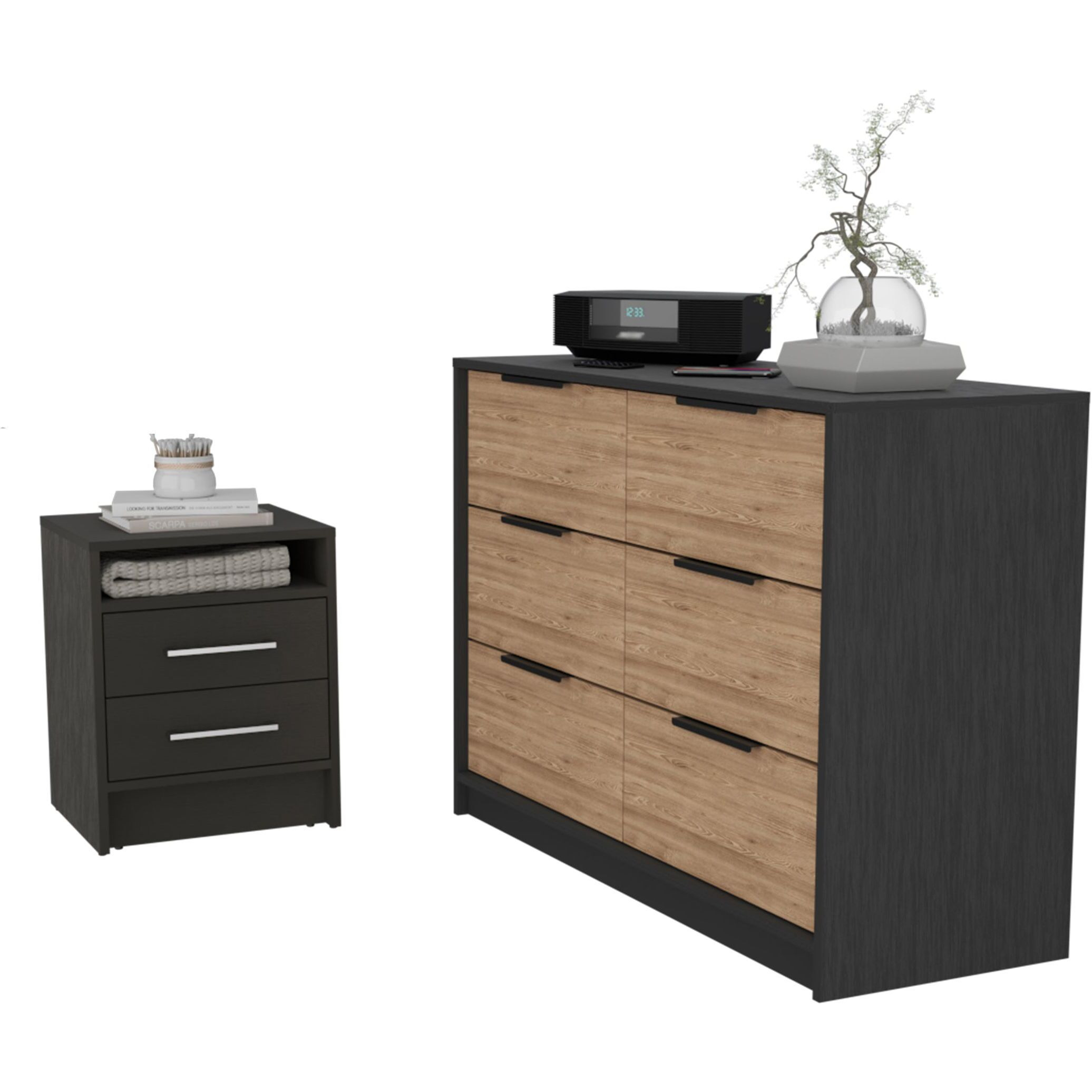 Orleans 2-Piece Bedroom Set  Nightstand And Dresser  Black And Light Oak