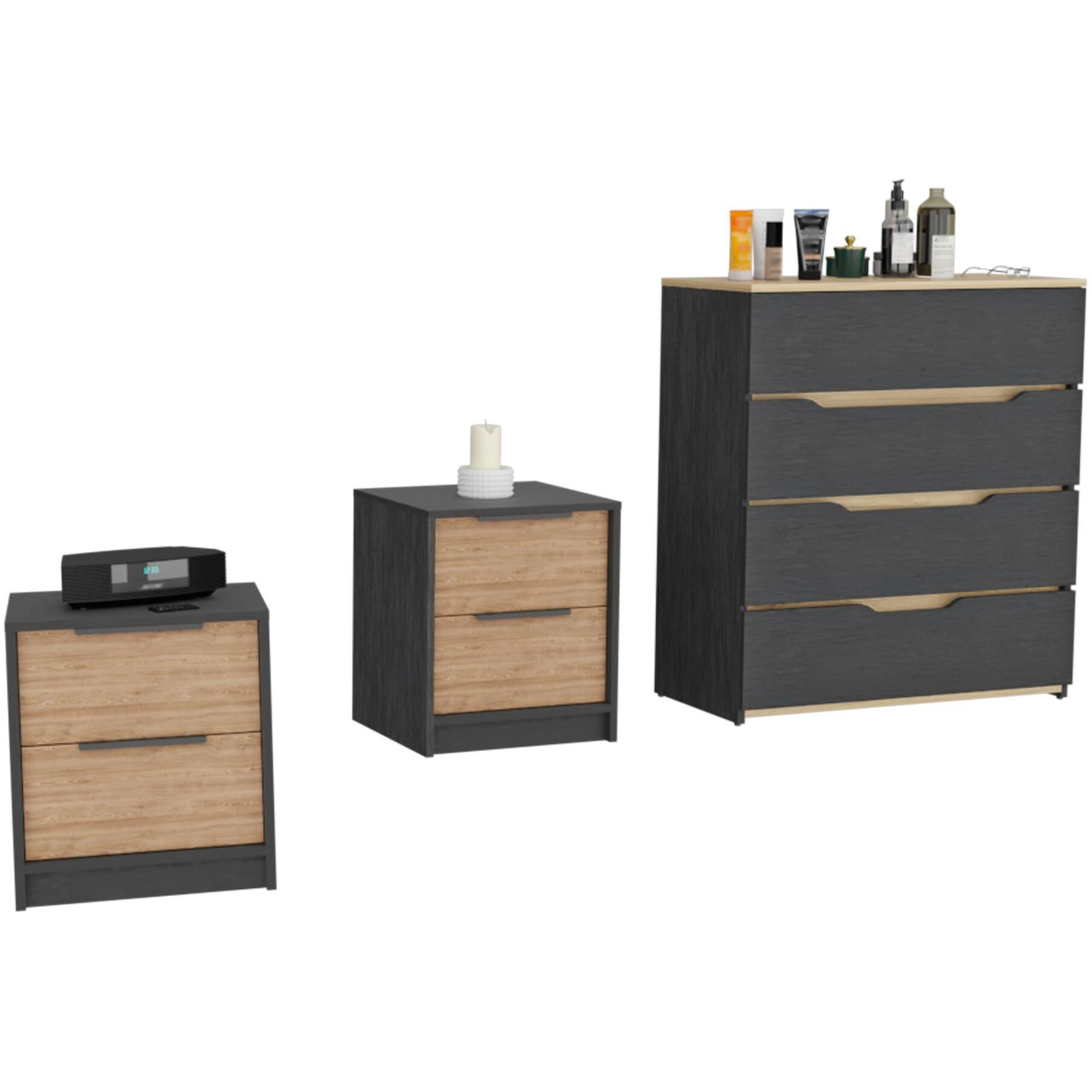 Hartford 3-Piece Bedroom Set  Two Nightstands And Dresser  Black  Pine And Light Oak