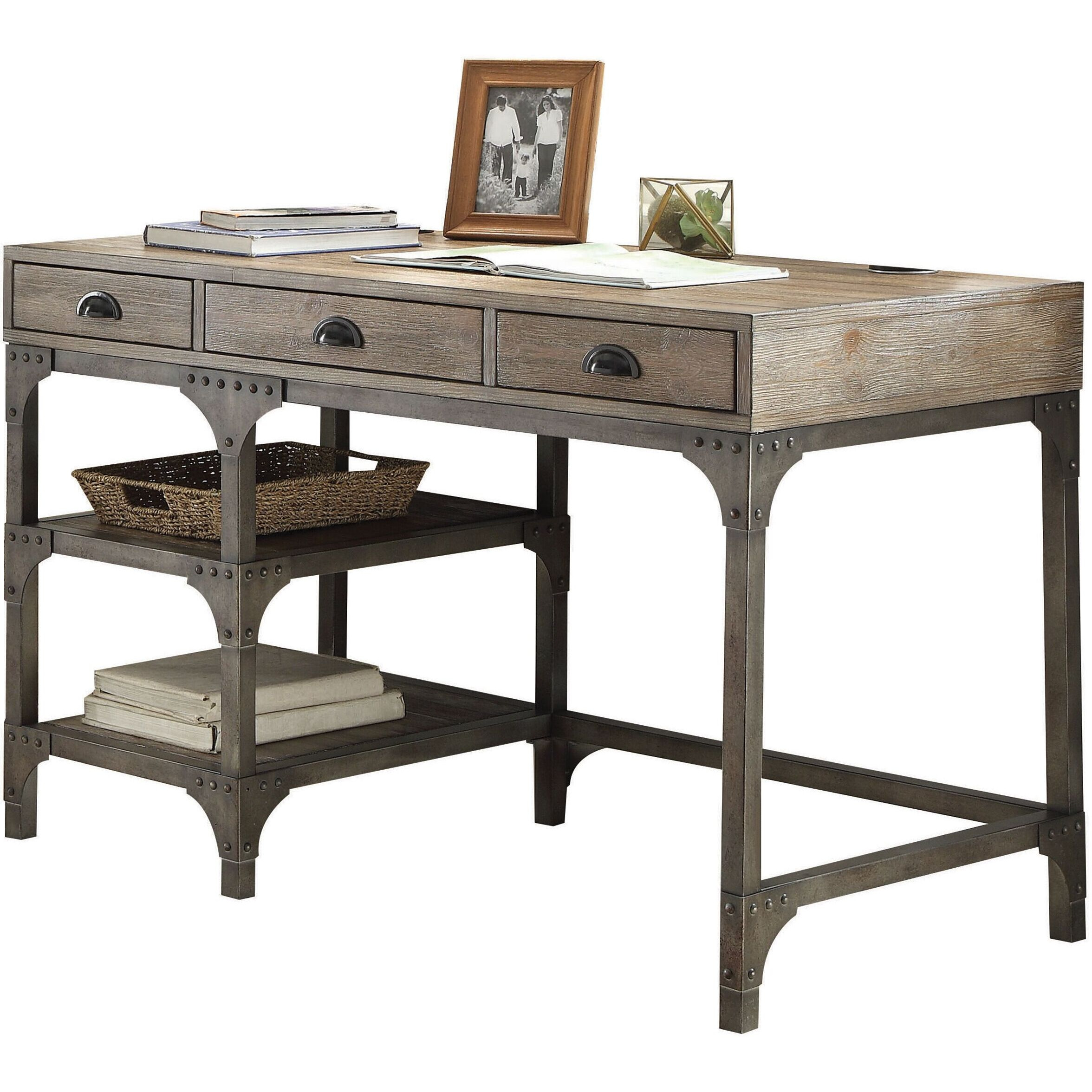Weathered Oak And Antique Silver 3-Drawer Writing Desk