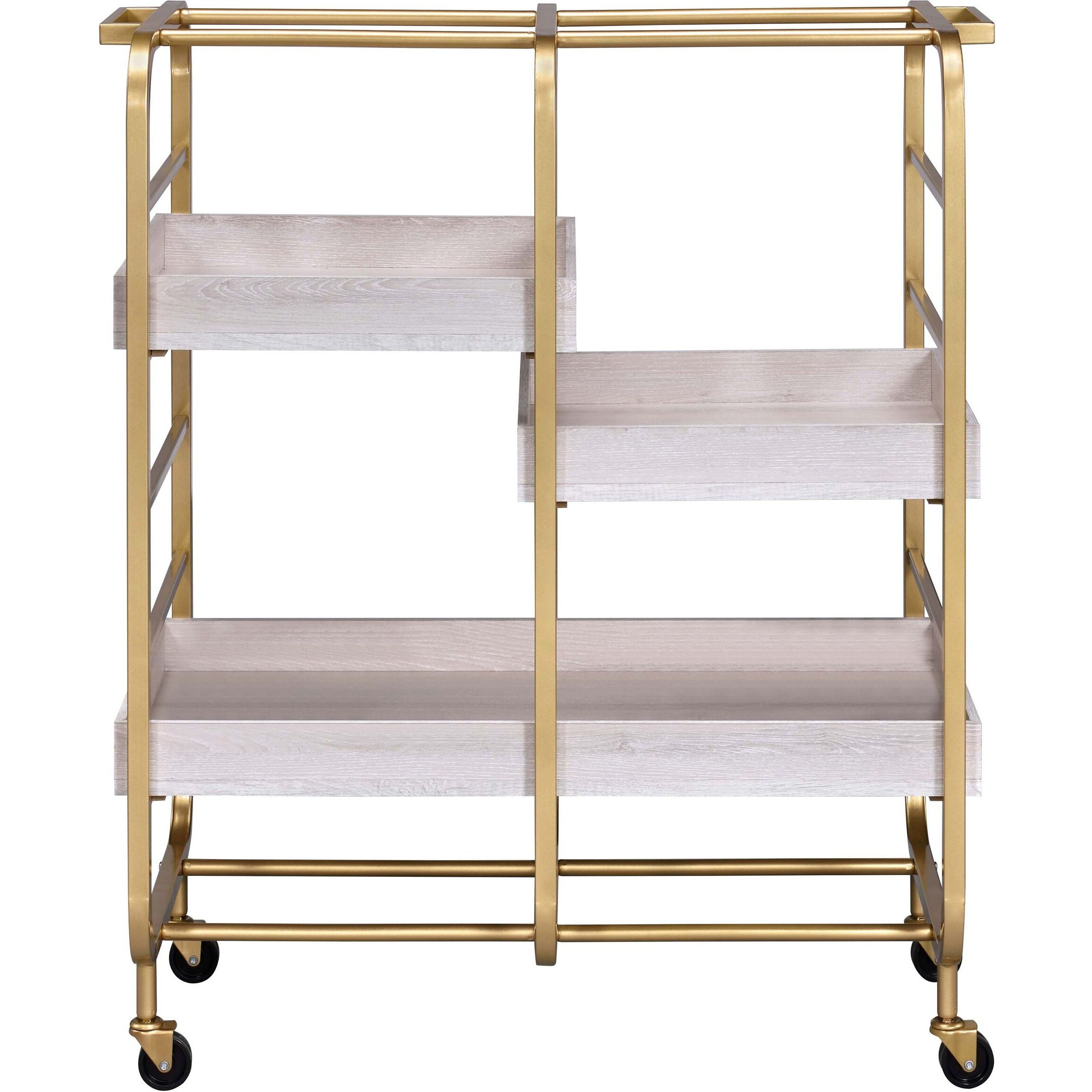 Gold And White Washed Serving Cart With 3 Adjustable Trays
