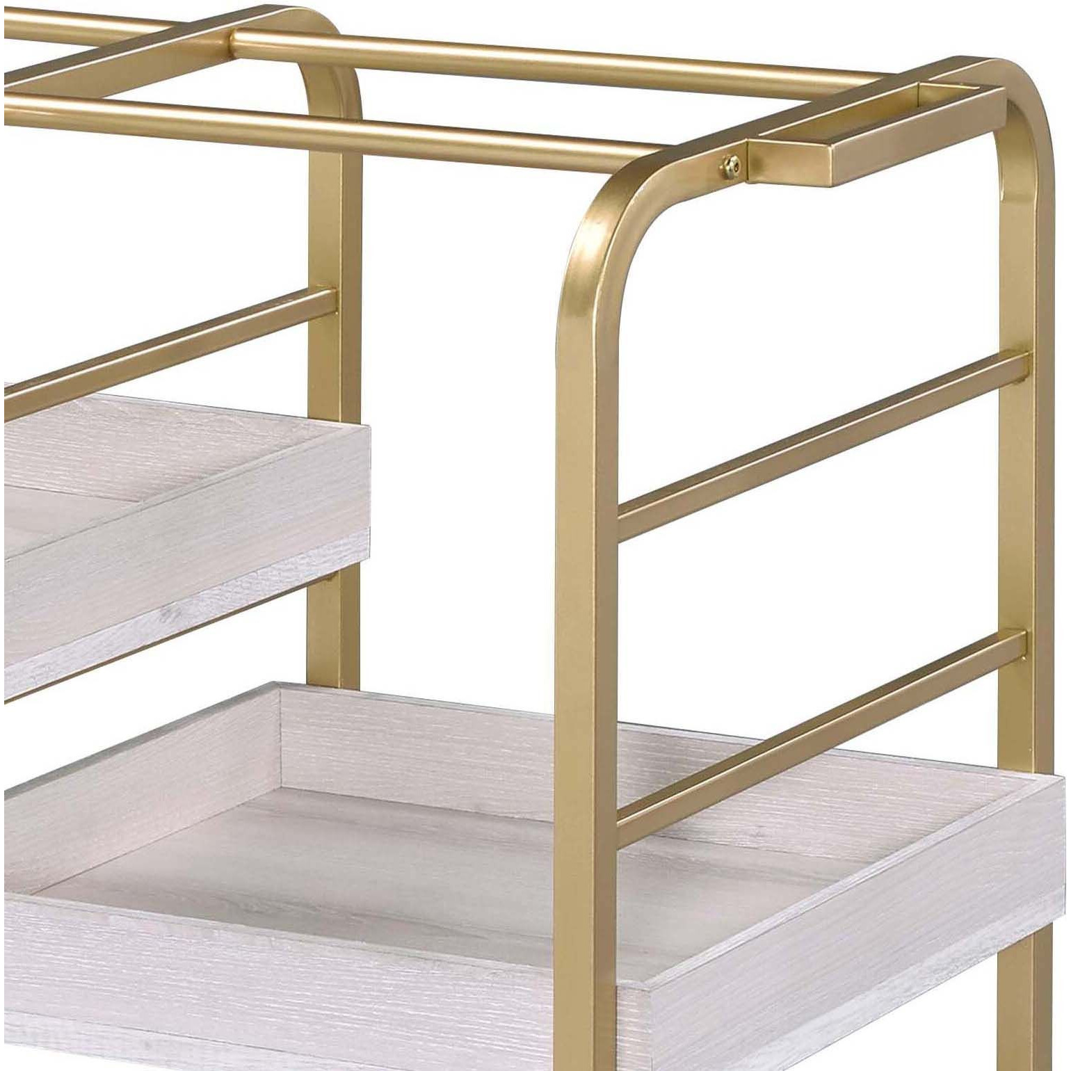 Gold And White Washed Serving Cart With 3 Adjustable Trays