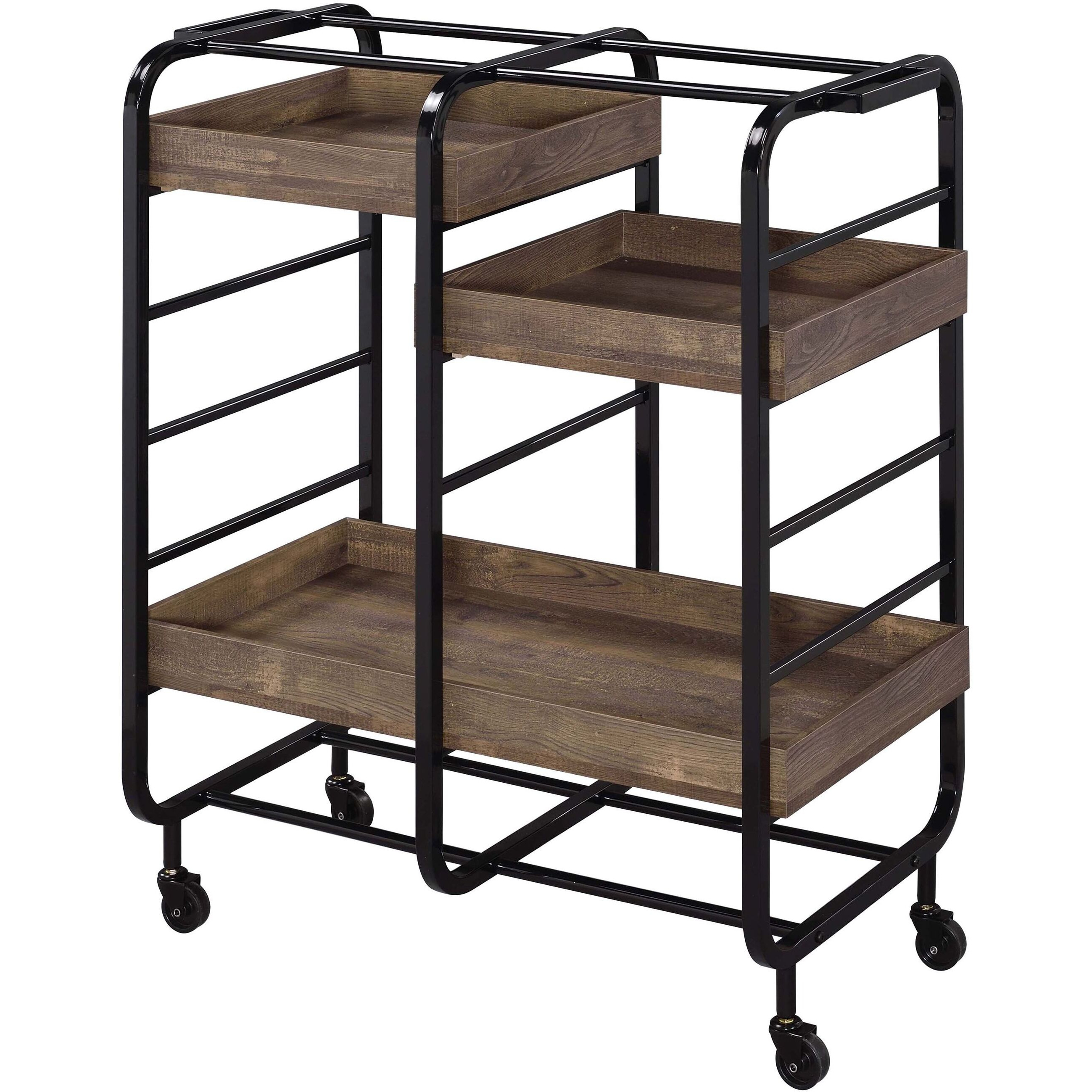 Black And Walnut Serving Cart With 3 Adjustable Trays