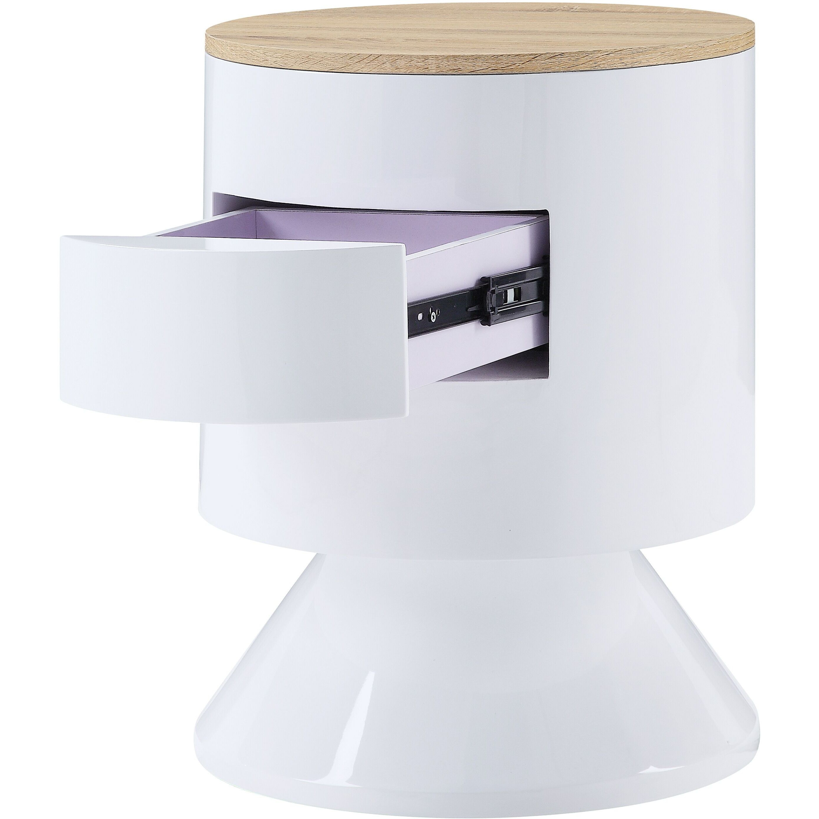 White High Gloss And Natural 1-Drawer Drum Nightstand