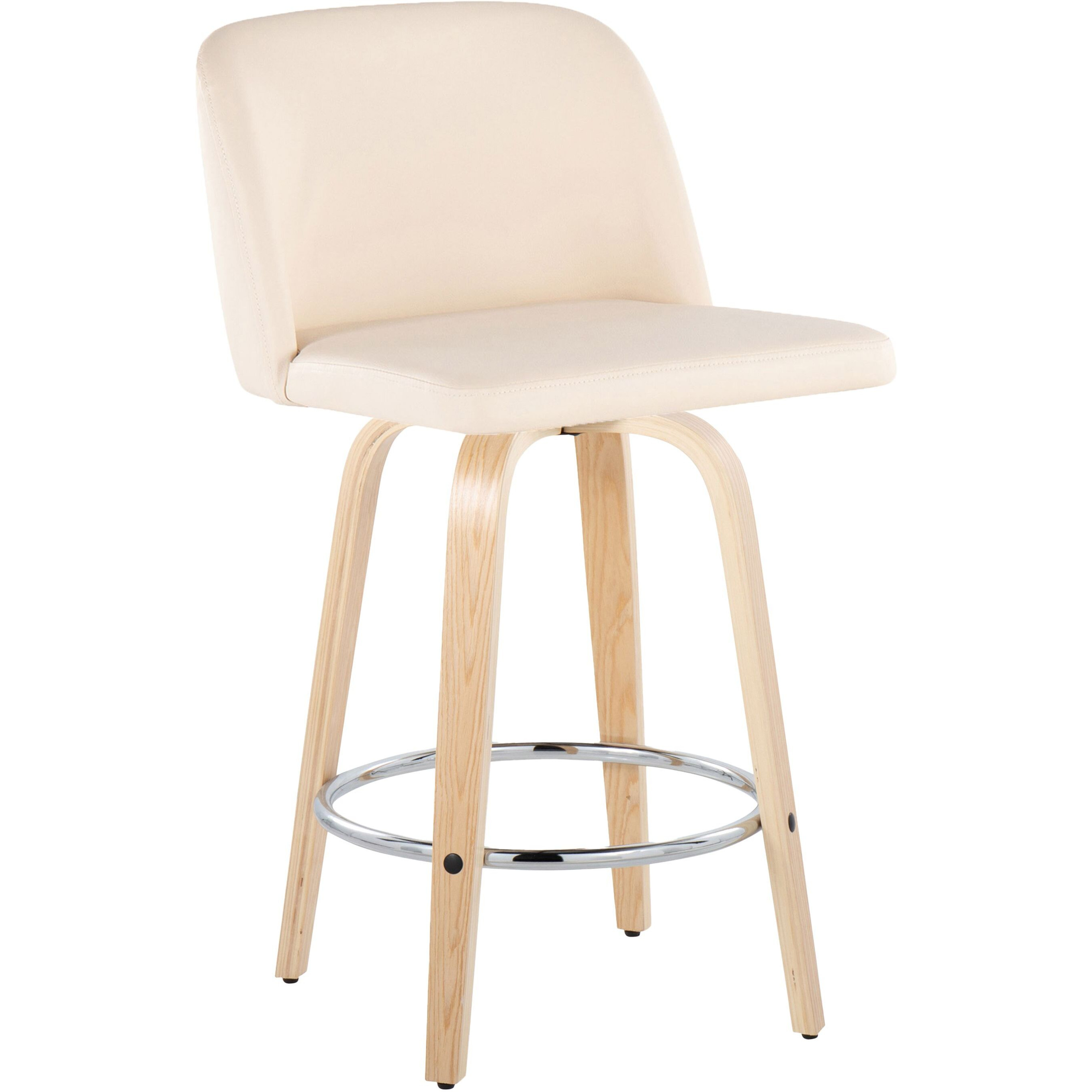 Toriano 26"" Contemporary Fixed Height Counter Stool With Swivel In Natural Wood And Cream Faux Leather With Round Chrome Metal Footrest By Lumisource - Set Of 2