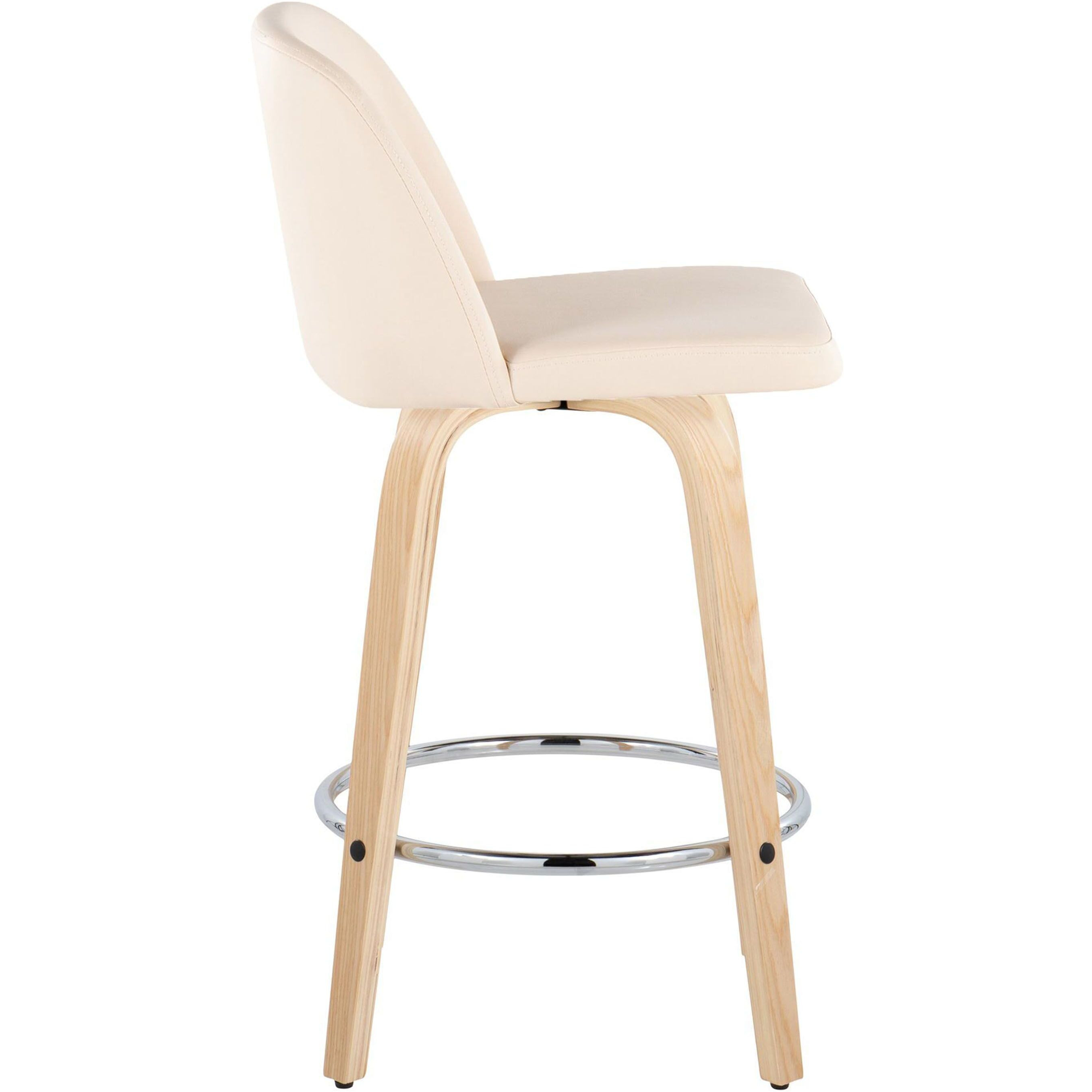 Toriano 26"" Contemporary Fixed Height Counter Stool With Swivel In Natural Wood And Cream Faux Leather With Round Chrome Metal Footrest By Lumisource - Set Of 2