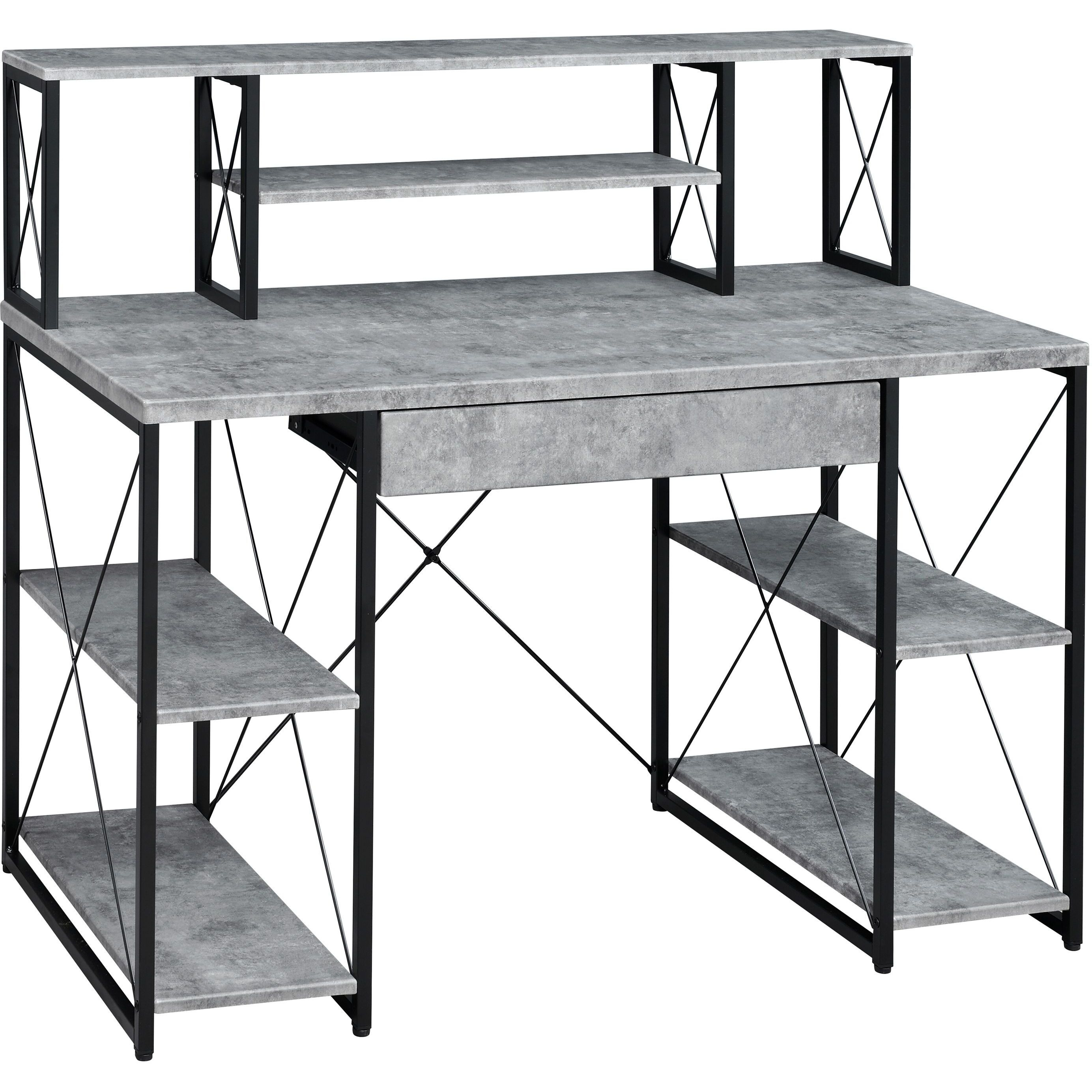 Grey And Black Office Desk With Open Shelves And Hutch