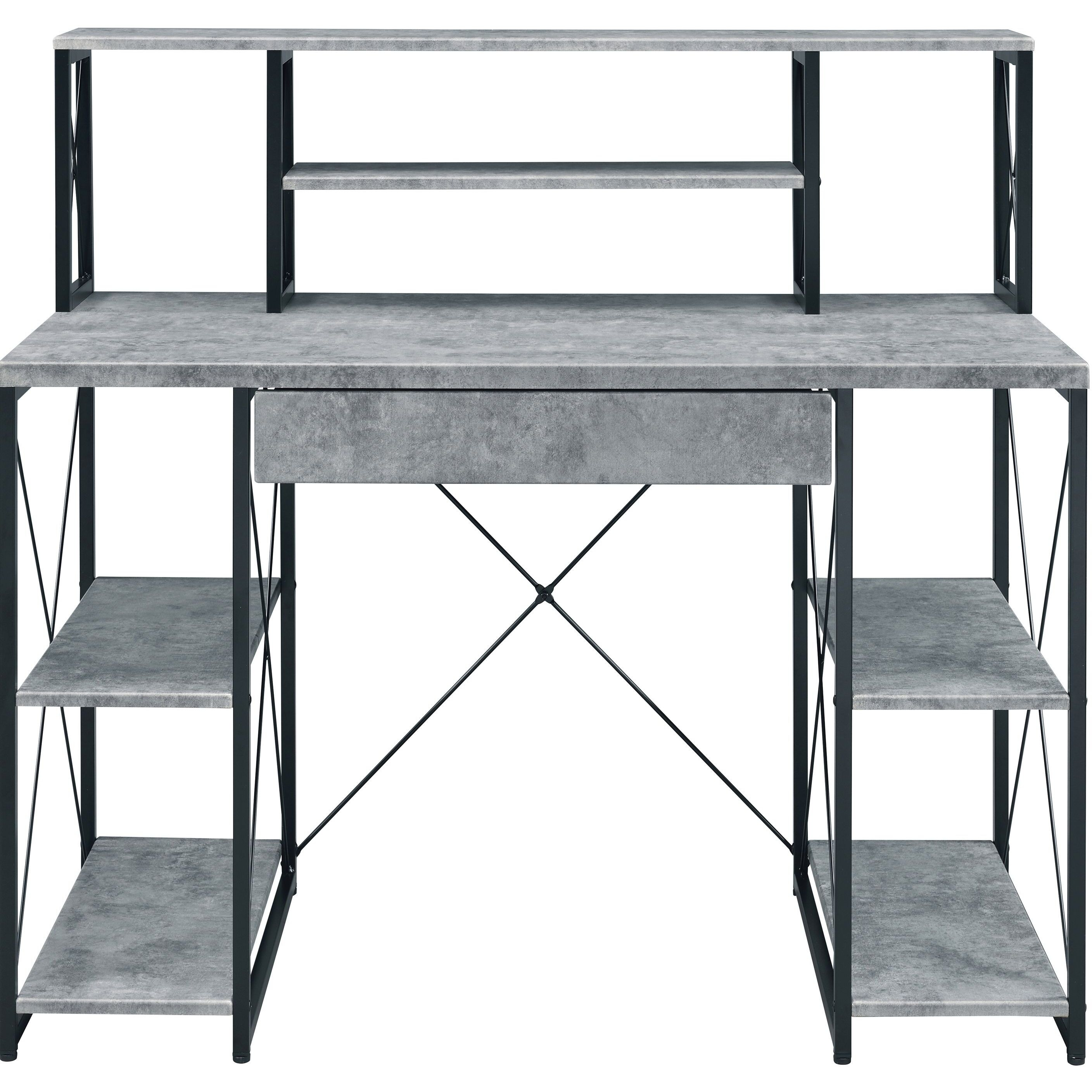 Grey And Black Office Desk With Open Shelves And Hutch