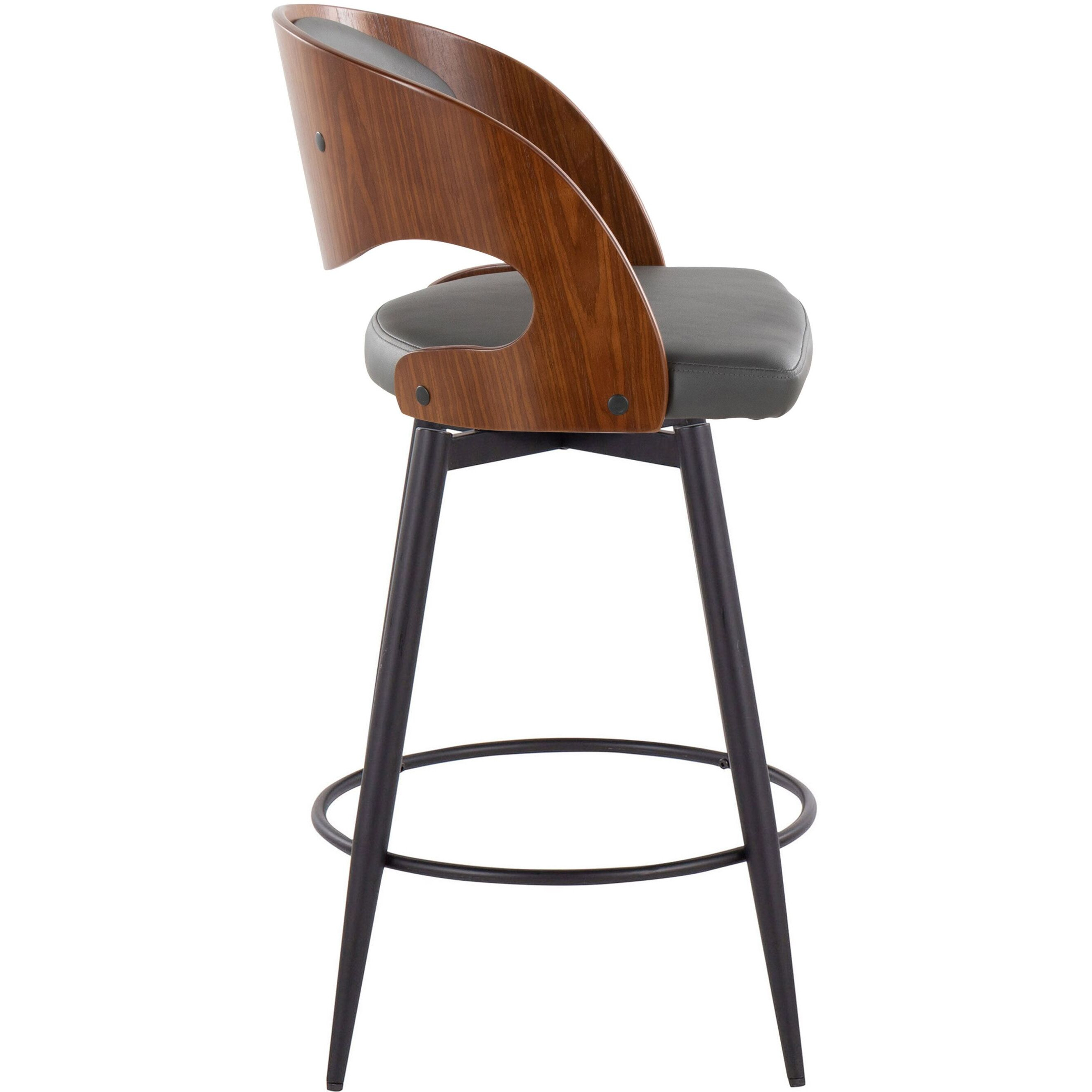 Pino 26"" Mid-Century Modern Fixed-Height Counter Stool With Swivel In Walnut Wood  Black Metal  And Grey Faux Leather With Round Metal Footrest By Lumisource - Set Of 2