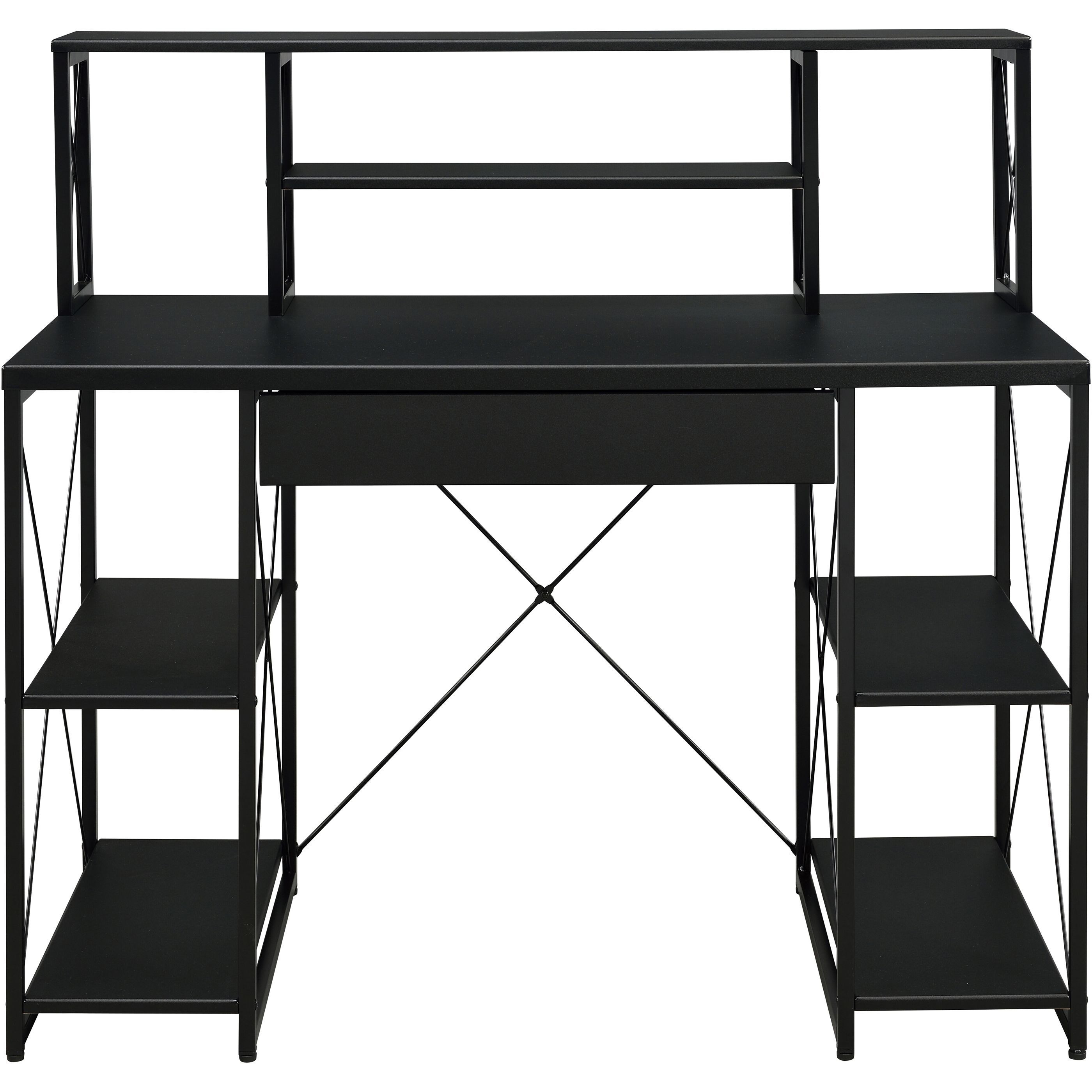Black Office Desk With Open Shelves And Hutch