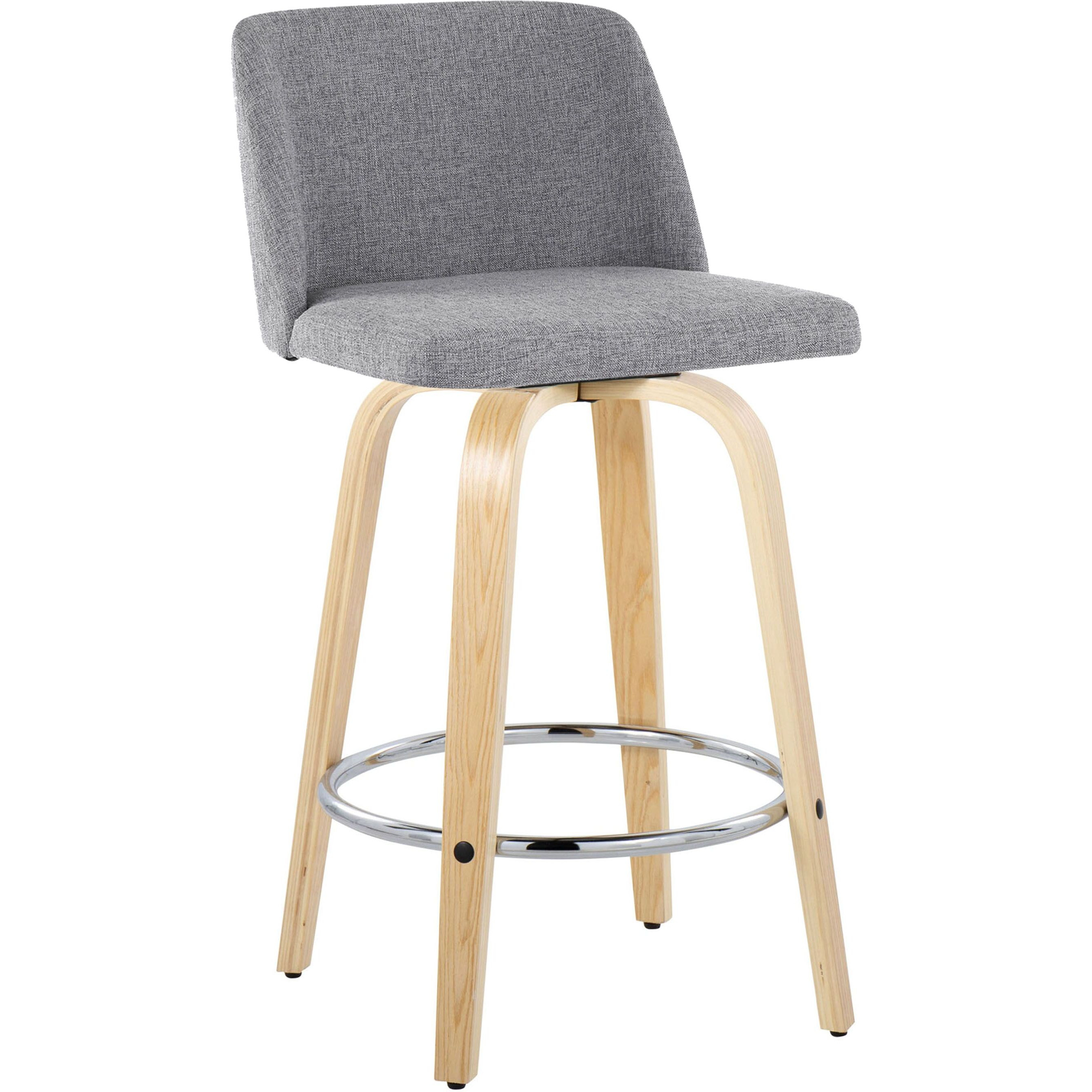 Toriano 26"" Contemporary Fixed Height Counter Stool With Swivel In Natural Wood And Grey Fabric With Round Chrome Metal Footrest By Lumisource - Set Of 2