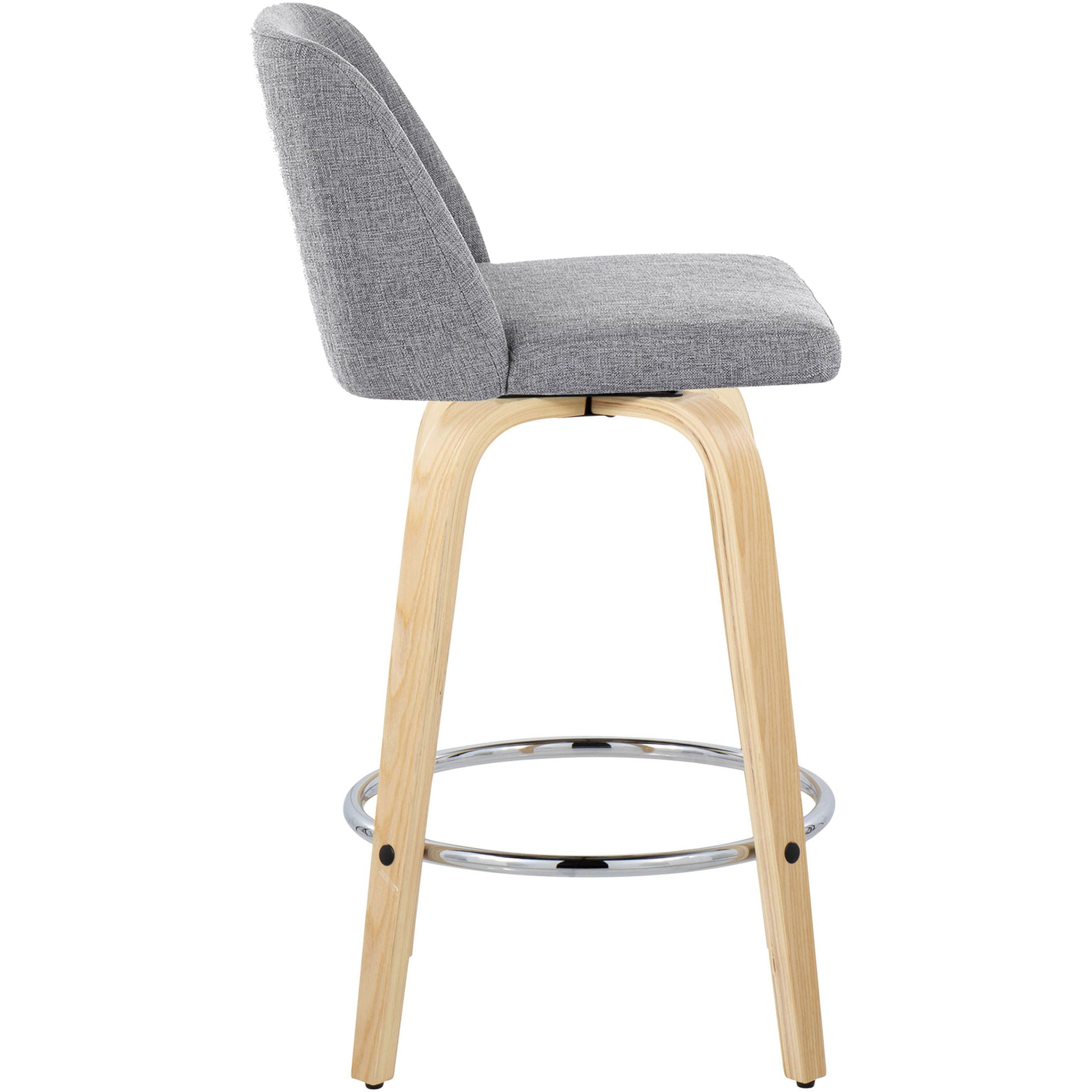 Toriano 26"" Contemporary Fixed Height Counter Stool With Swivel In Natural Wood And Grey Fabric With Round Chrome Metal Footrest By Lumisource - Set Of 2